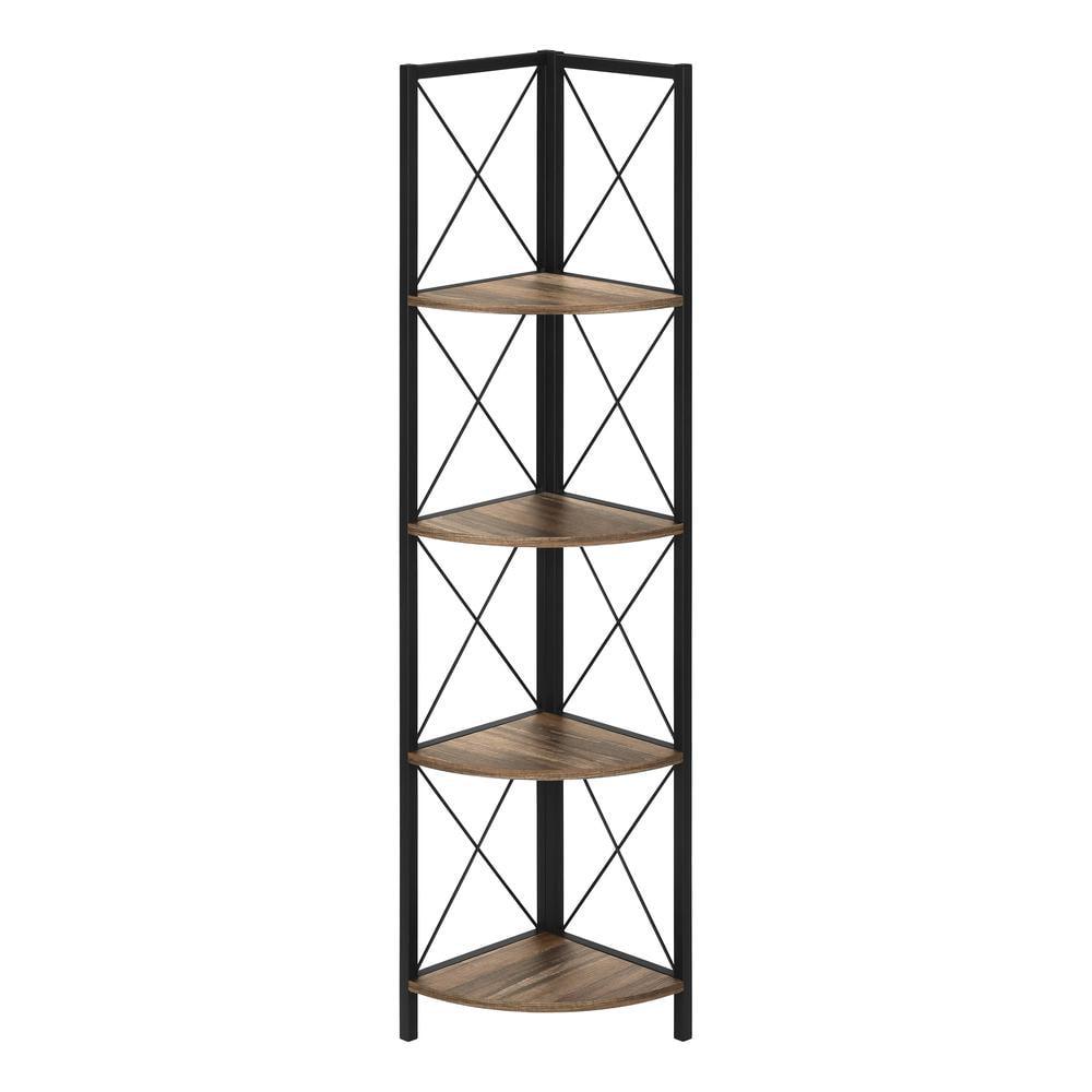 Monarch Specialties Bookshelf Bookcase Etagere Corner 4 Tier 60InchH Office Bedroom Metal Laminate Brown Black Contemporary Modern