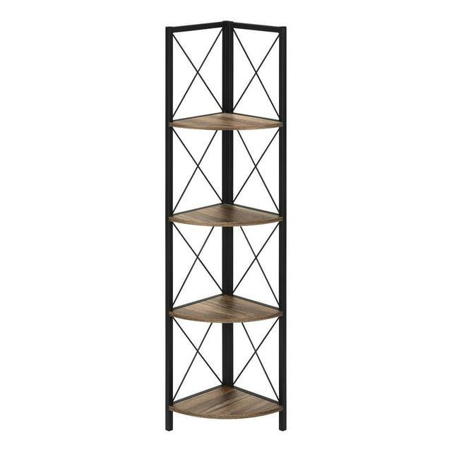 Monarch Specialties Bookshelf Bookcase Etagere Corner 4 Tier 60InchH Office Bedroom Metal Laminate Brown Black Contemporary Modern
