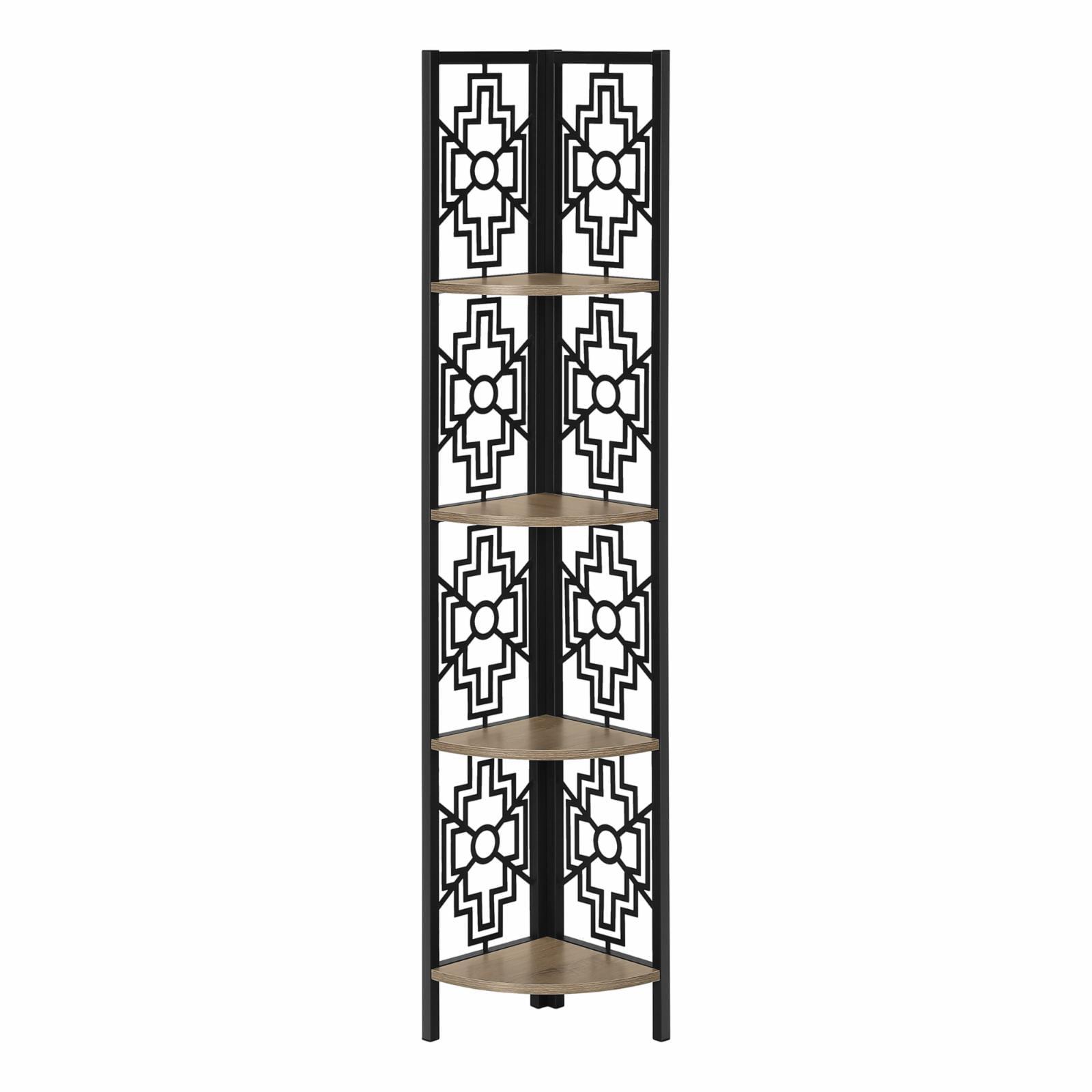 Transitional Corner Etagere Bookcase with Black Metal Frame and Brown Shelves