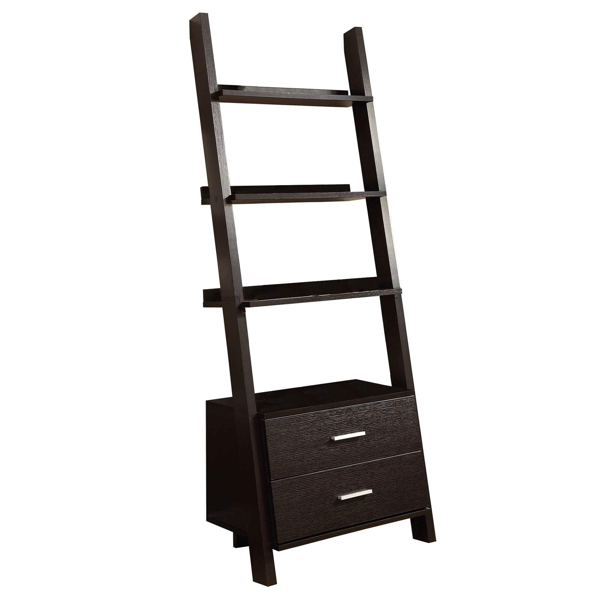 Cappuccino Transitional Ladder Bookcase with Storage Drawers, 69"H