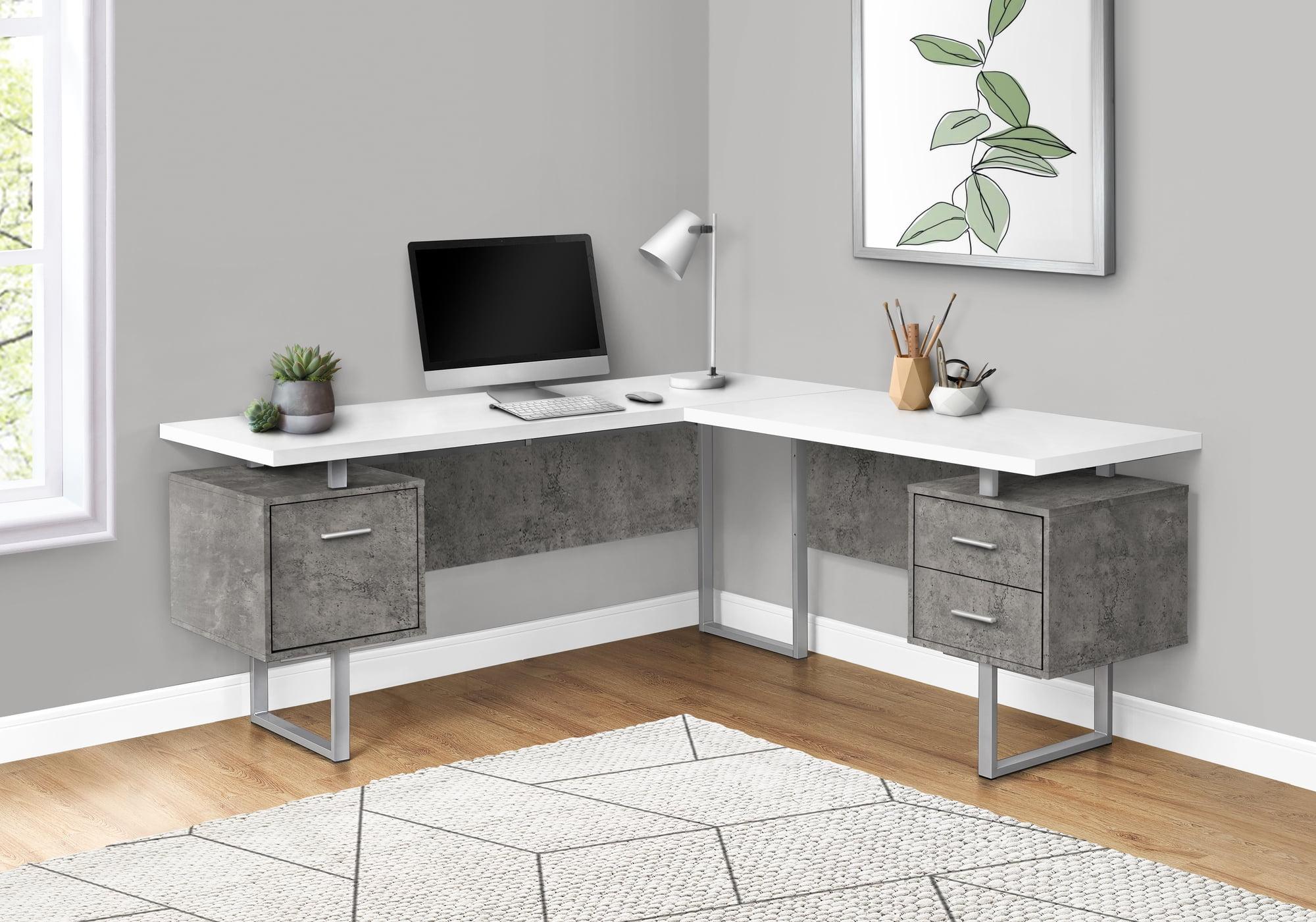 White Concrete L-Shaped Computer Desk with Drawers