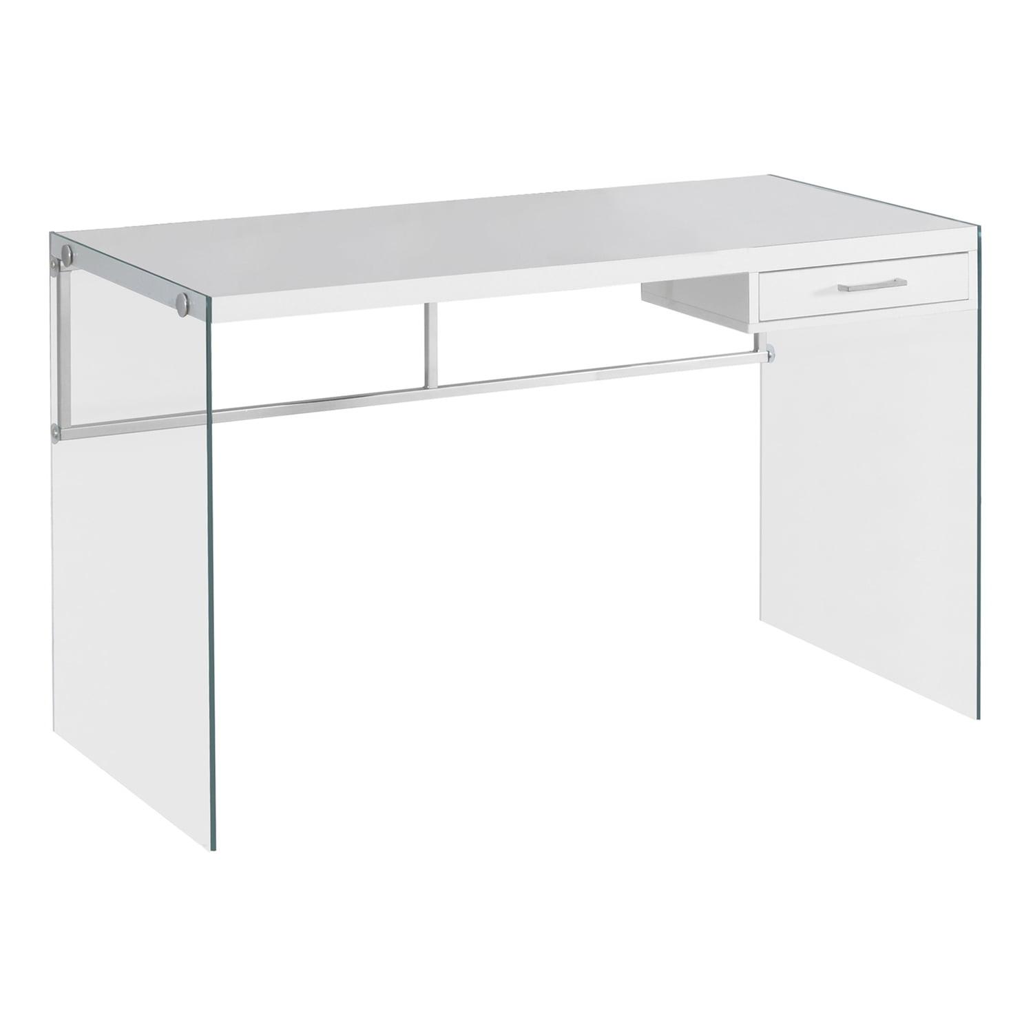 Glossy White Contemporary 48" Home Office Desk with Glass Legs and Drawer