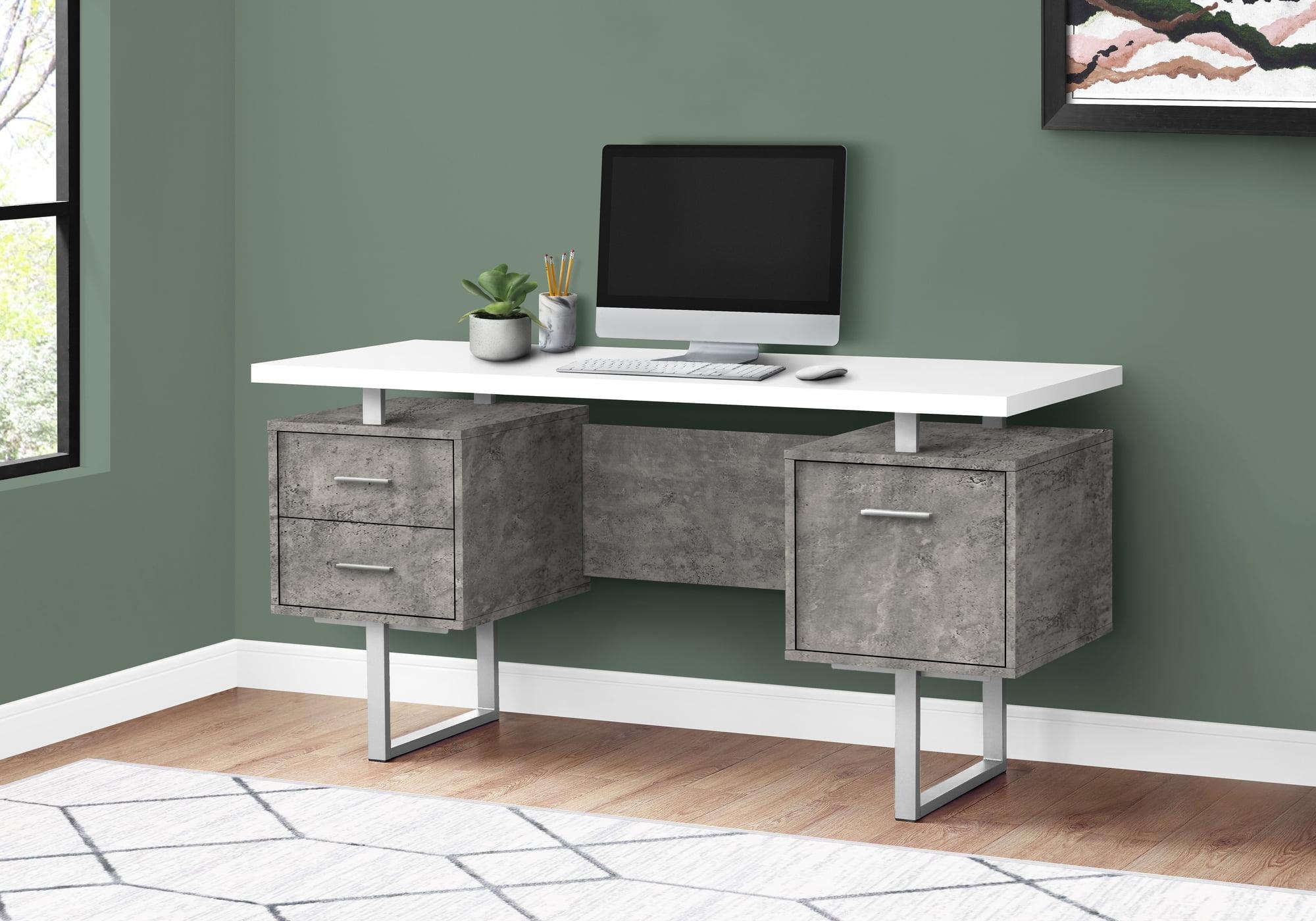 White and Gray Concrete Home Office Desk with Filing Cabinet