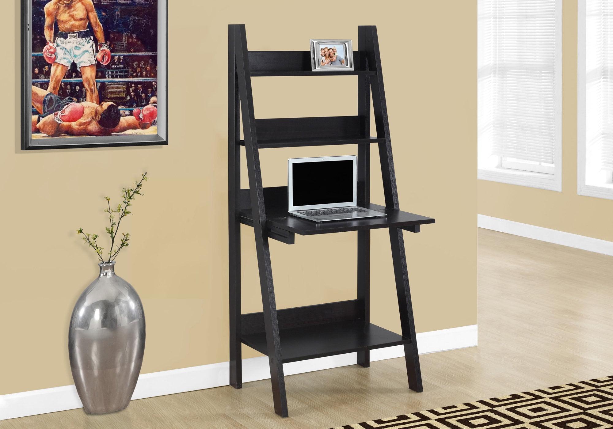 Espresso Foldable Ladder Desk with Drawer and Shelves