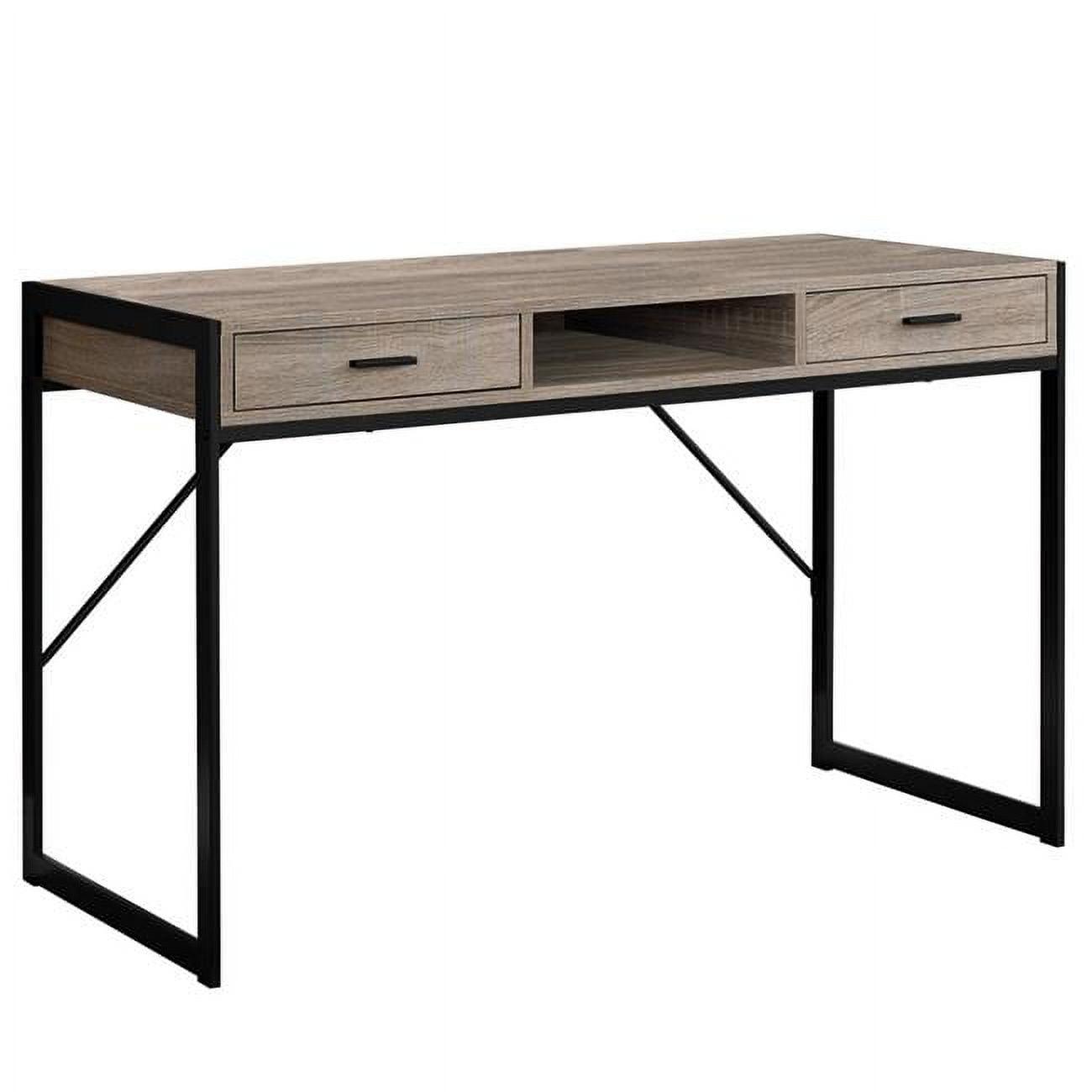 Contemporary Dark Taupe Wood-Grain Home Office Desk with Black Metal Frame