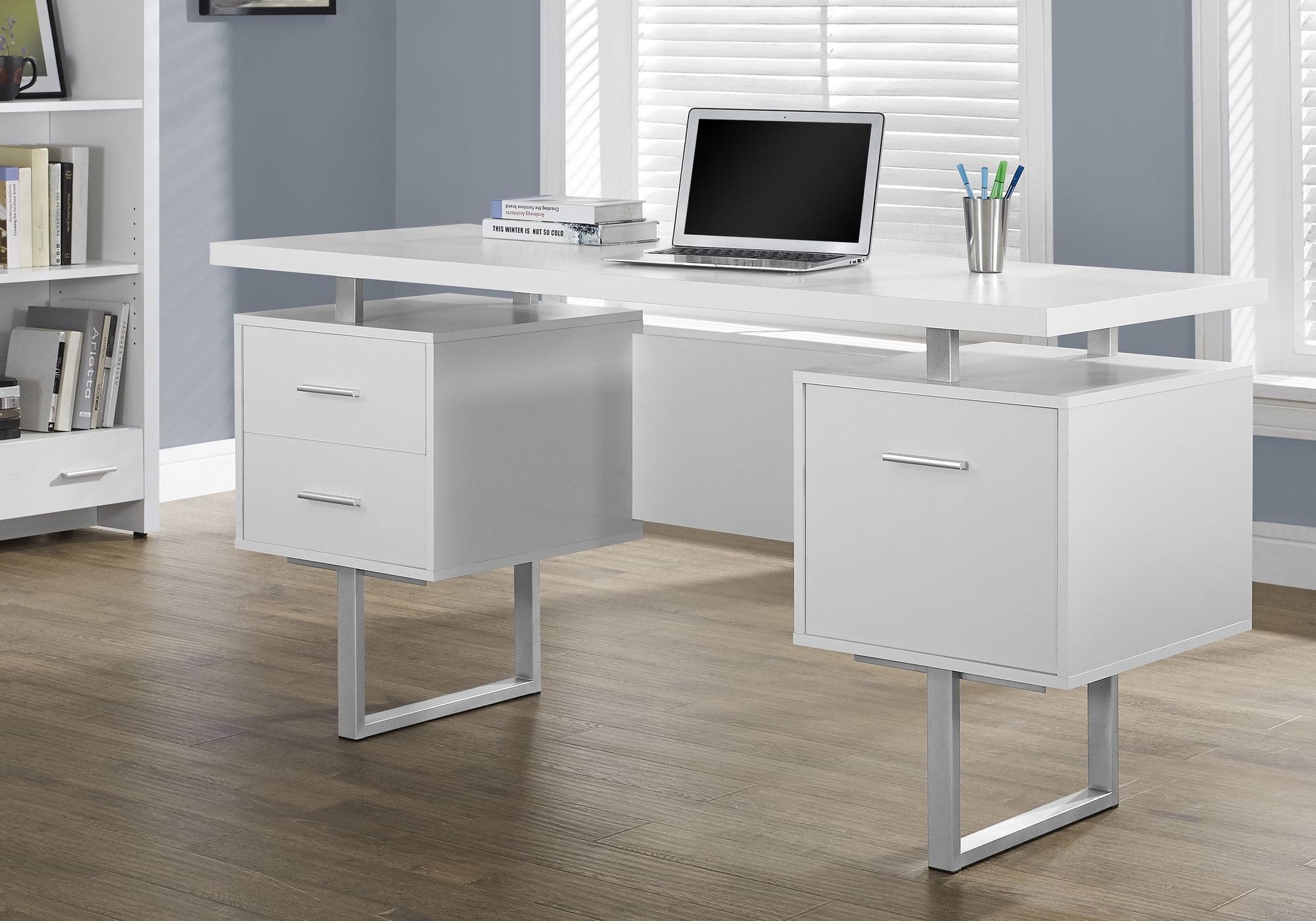 Modern White Home Office Desk with Sleek Metal Legs and Storage