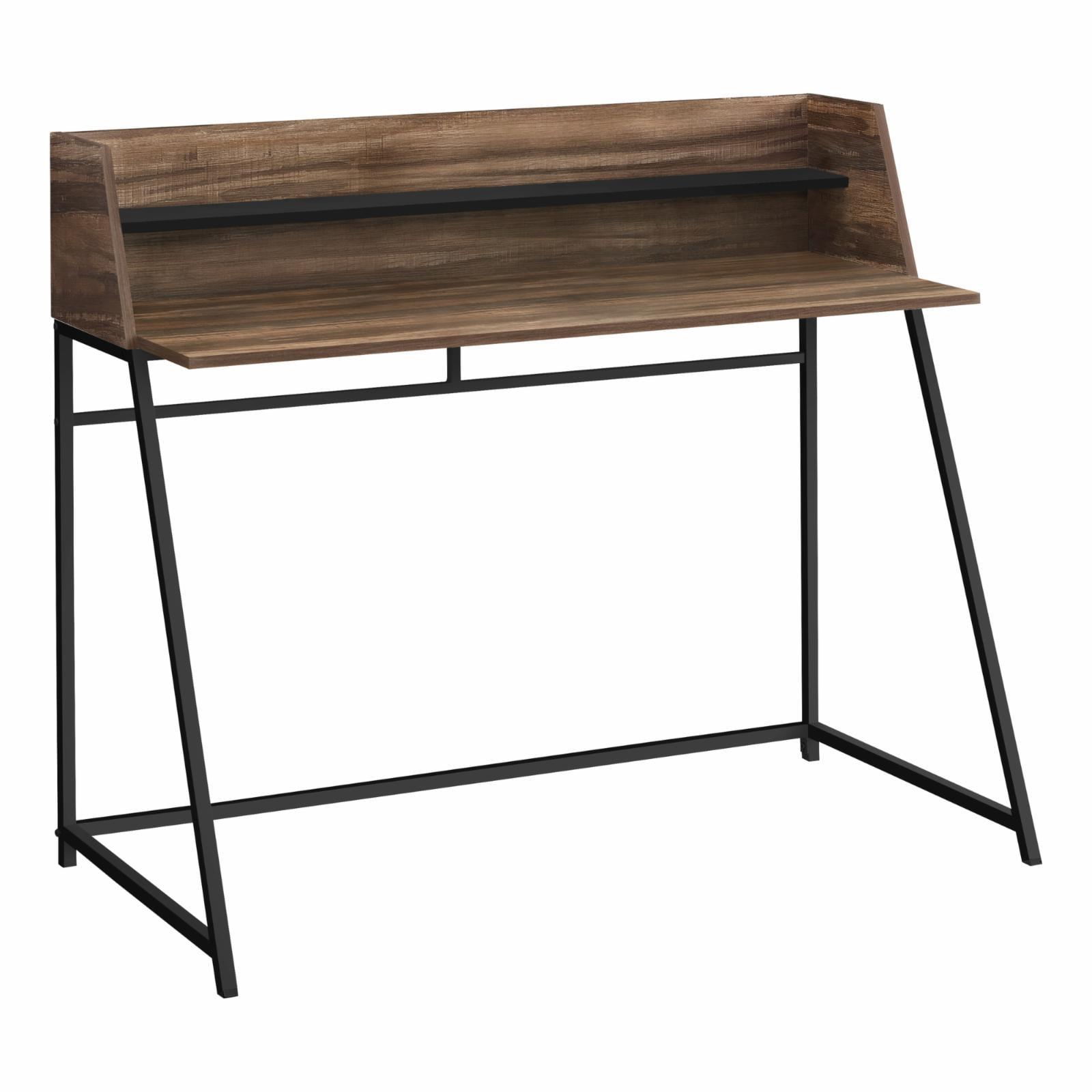 Trapezoid Metal Leg Desk with Hutch in Brown Laminate and Black