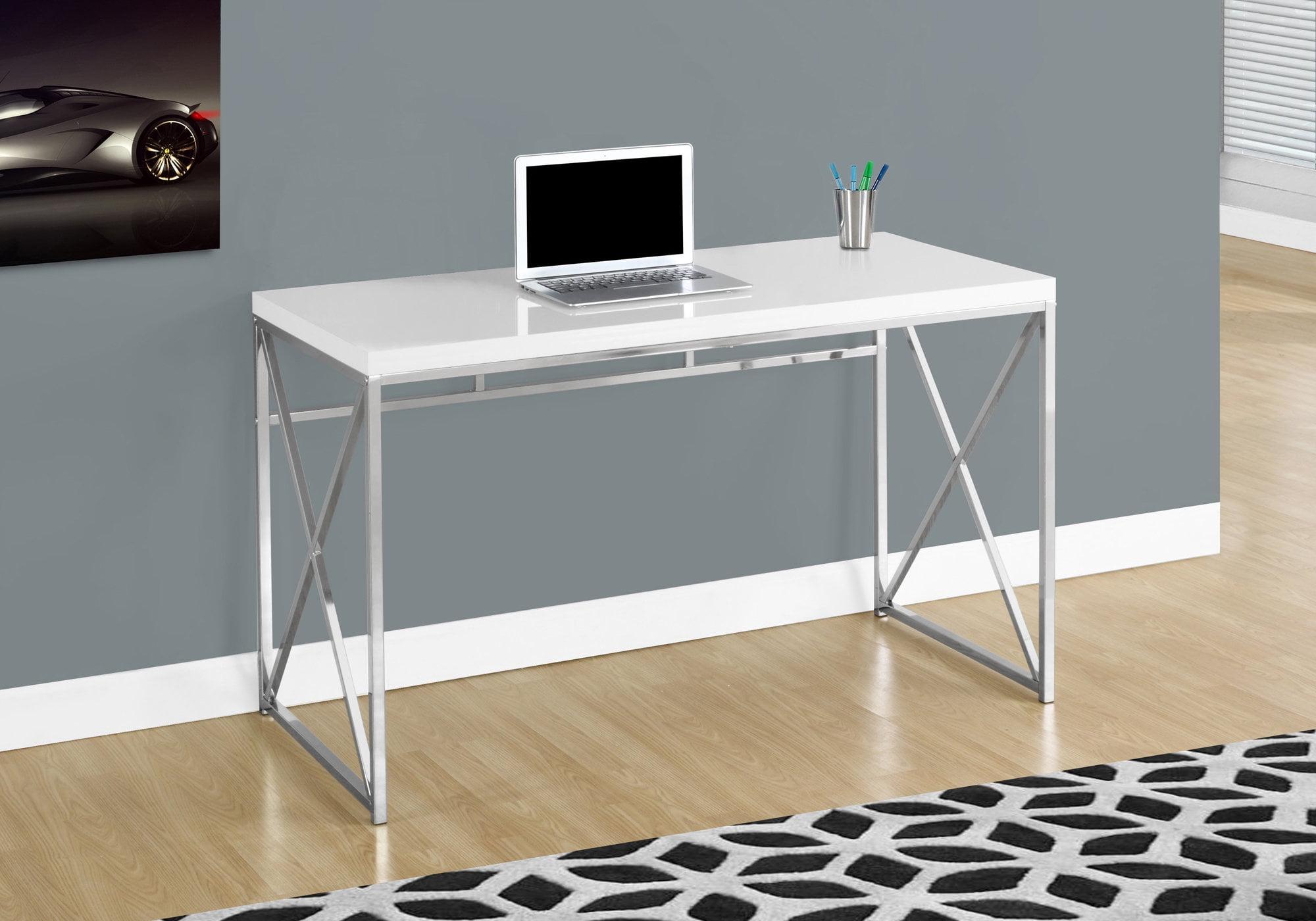 Compact Glossy White Corner Desk with Chrome X-Design Base and Drawer