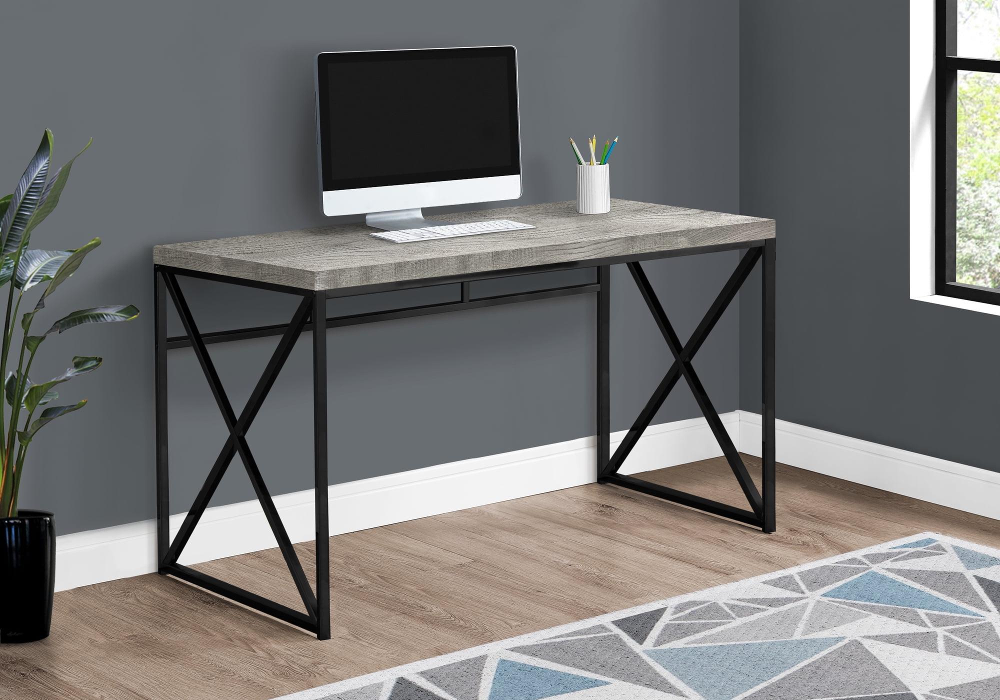 Contemporary Gray Wood Home Office Desk with Drawer and Black Metal Base