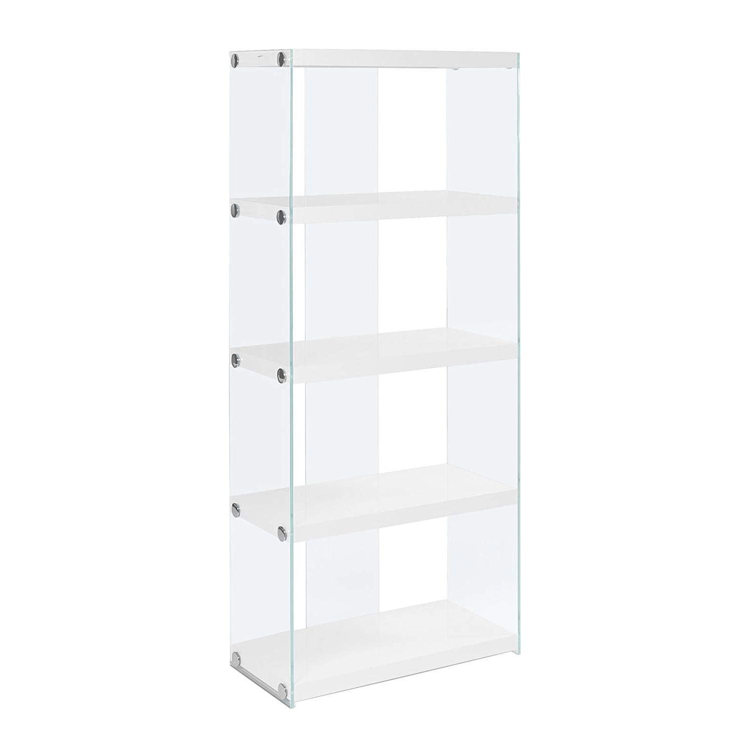 White Tempered Glass 4-Shelf Bookcase with Chrome Accents