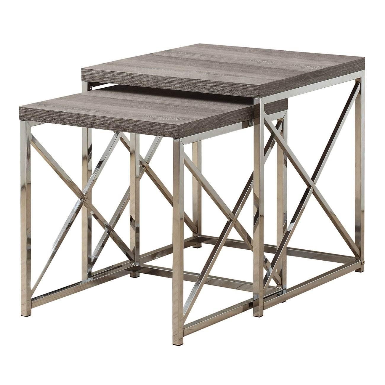 Dark Taupe and Chrome Square Wood Metal Nesting Tables, Set of 2