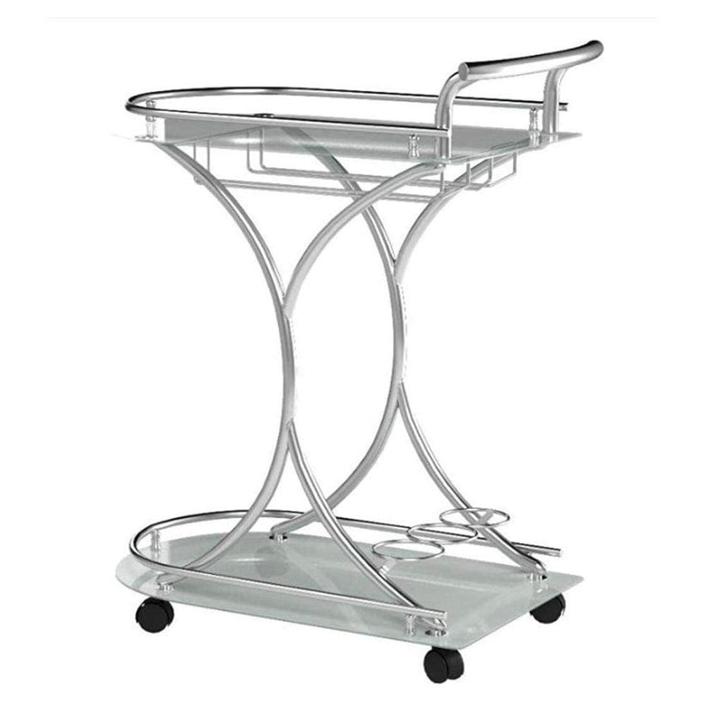 Chrome and White Glass Contemporary Serving Cart with Stemware Rack
