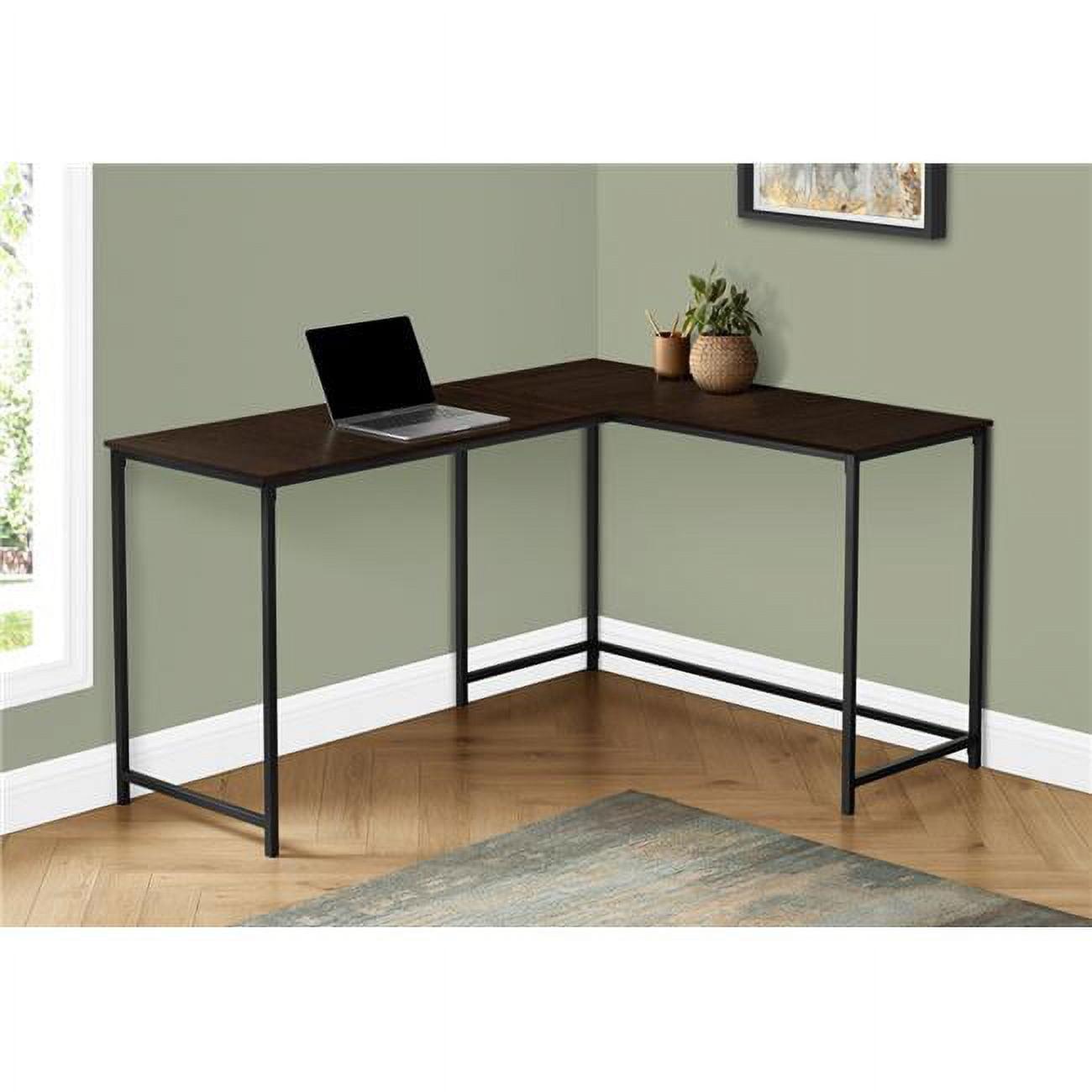 Contemporary Espresso Brown L-Shaped Home Office Desk with Black Metal Base