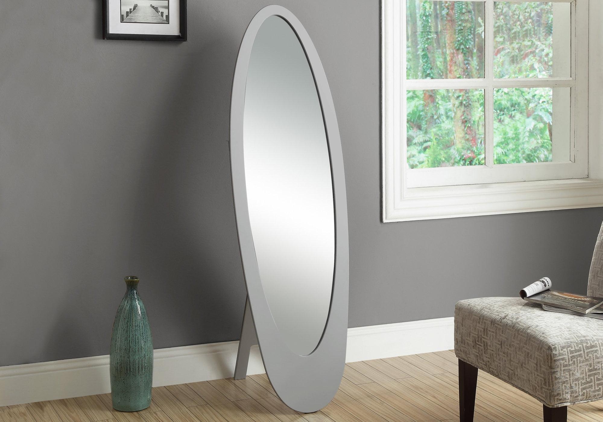 Contemporary Full-Length Oval Wood Mirror in Matte Gray