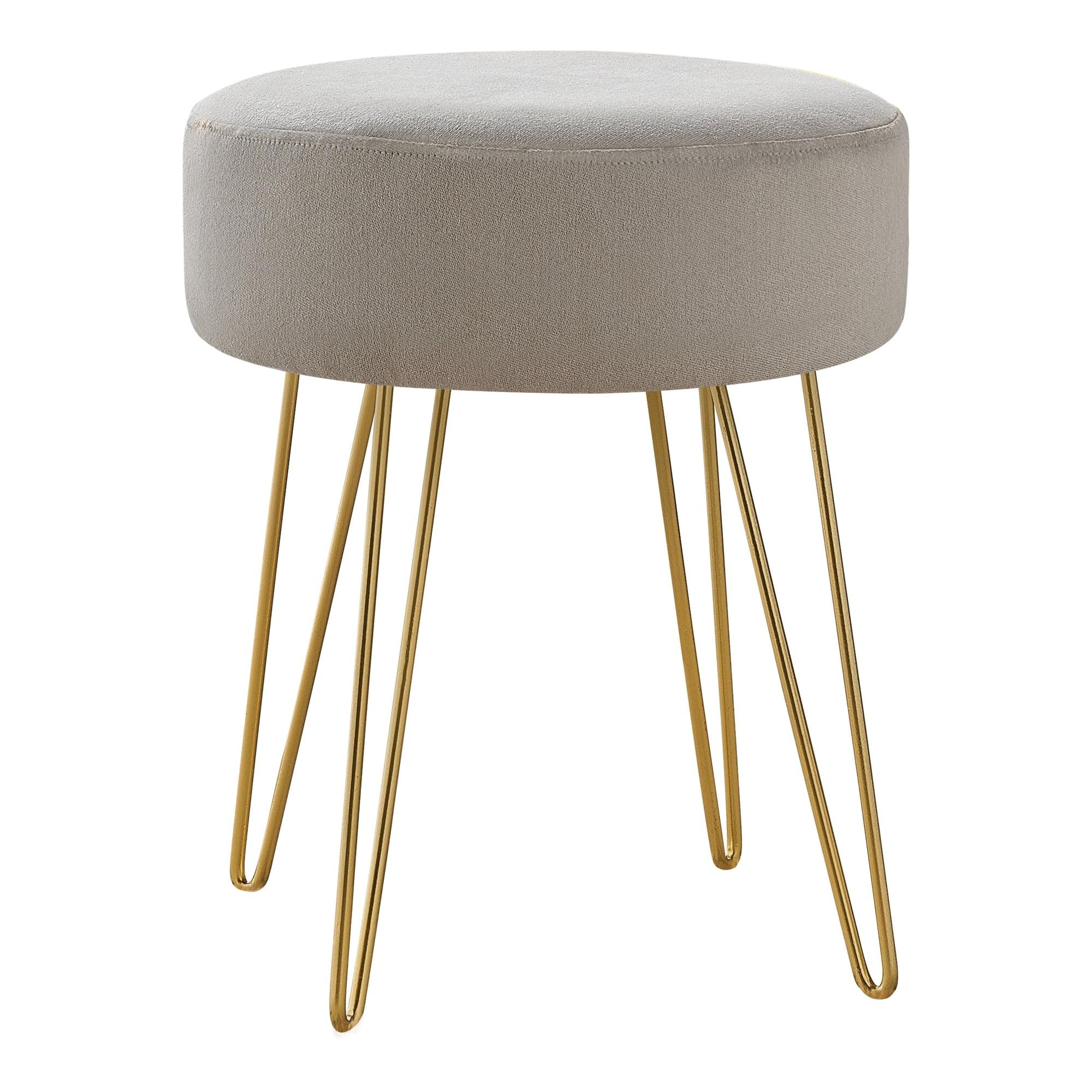 Beige Round Tufted Pouf with Gold Metal Legs