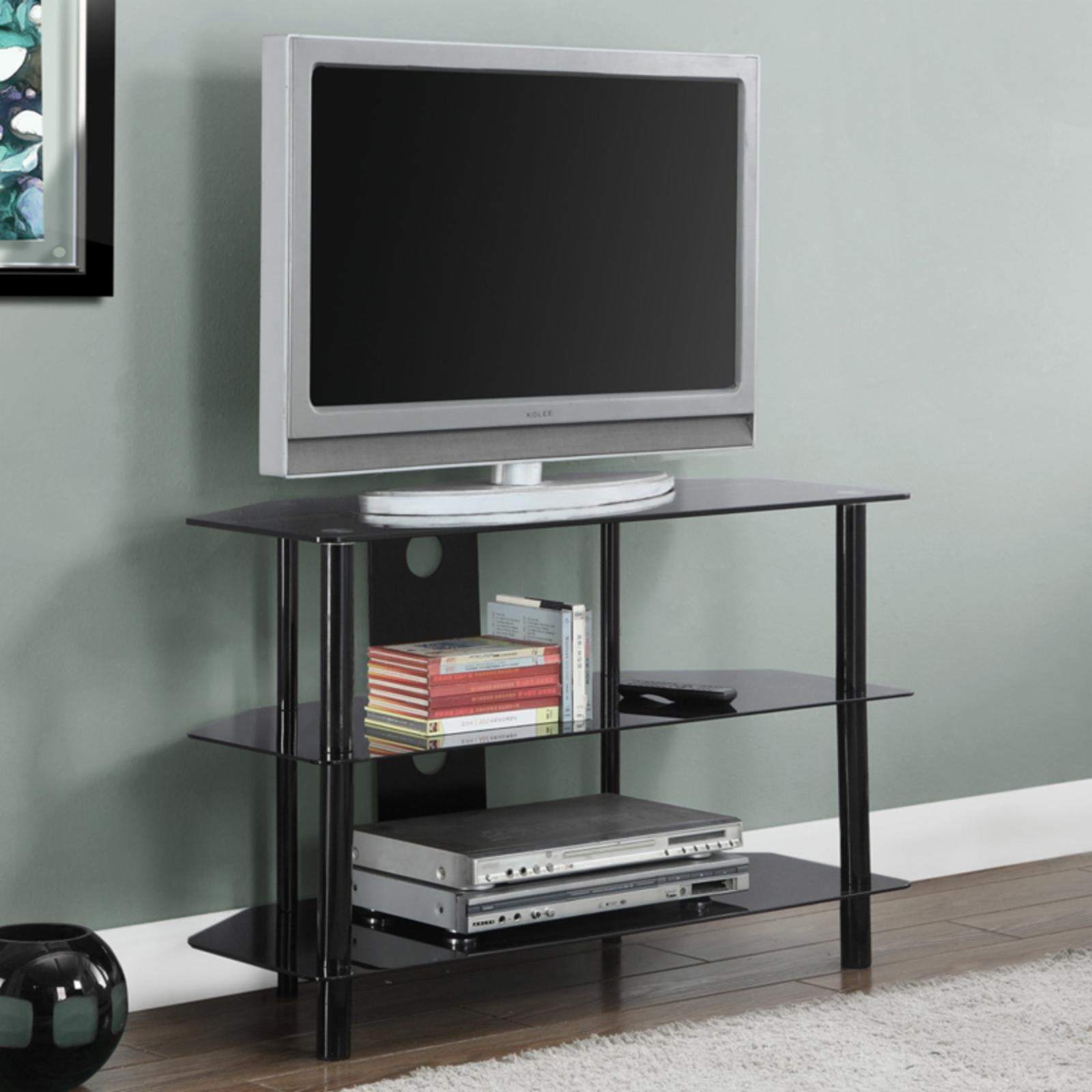 Sleek 36" Black Metal TV Stand with Tempered Glass Shelves