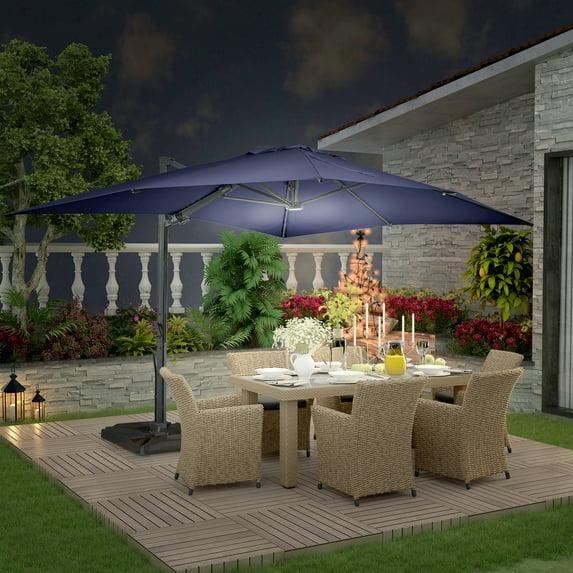Mondawe 10x13 Ft Patio Cantilever Umbrella with Base,360° Rotation Offset and LED Light Panel,Large Rectangular Outdoor Umbrella for Pool Deck, Navy