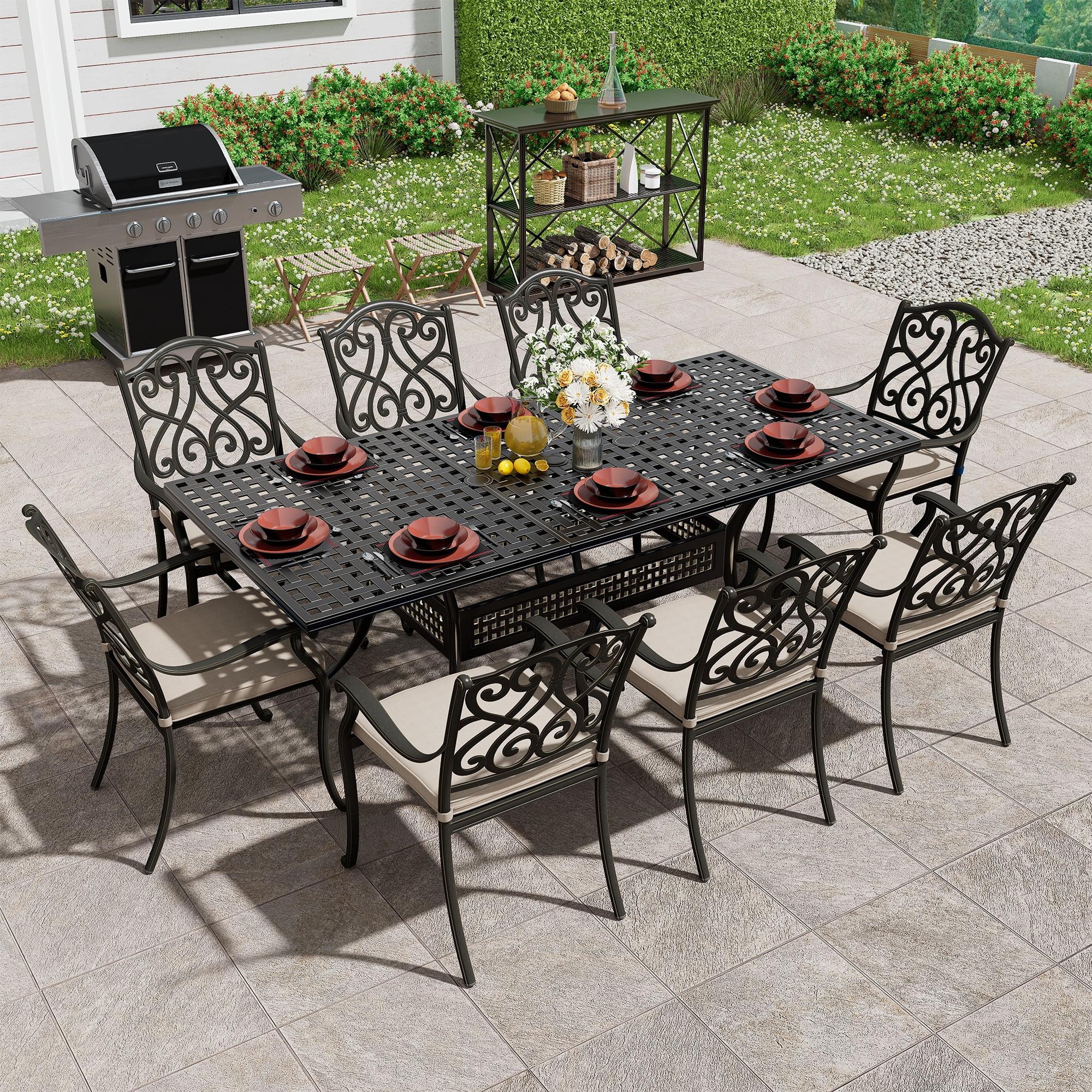 9-Piece Black Cast Aluminum Rectangular Outdoor Dining Set with Beige Cushions