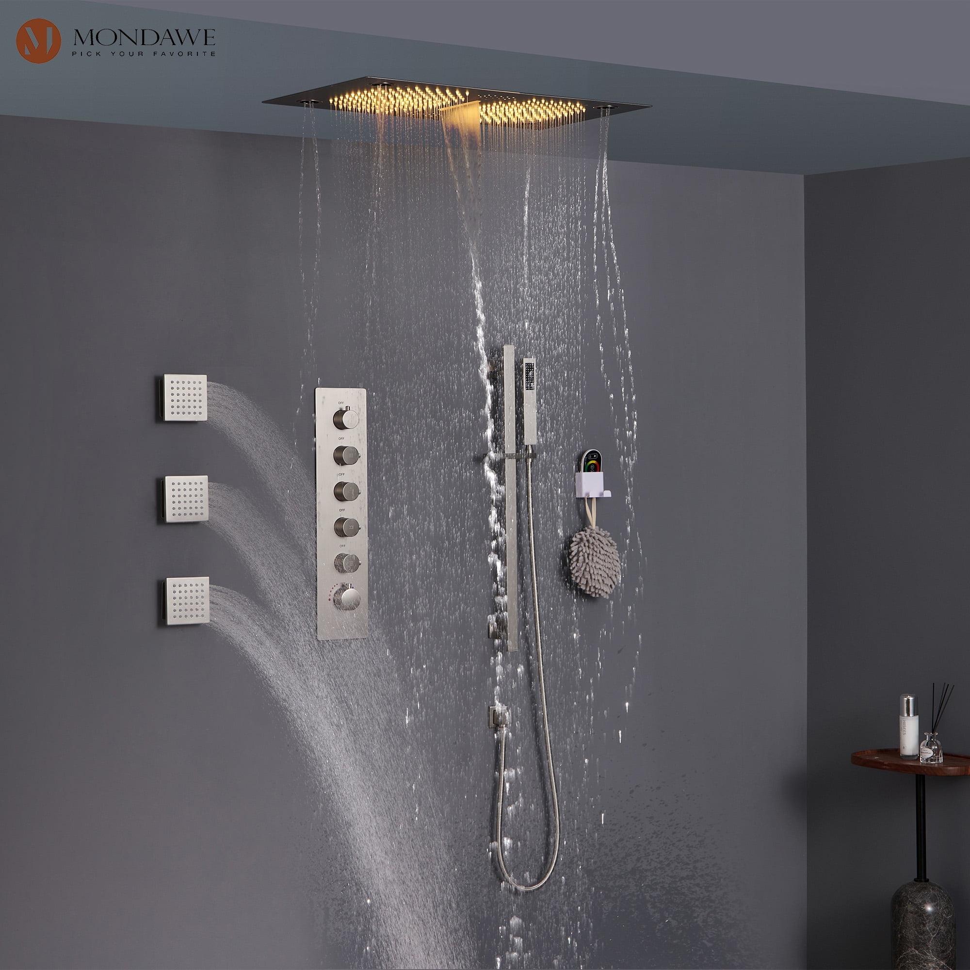 Brushed Nickel LED Ceiling Mounted Dual Shower System with Bluetooth Speaker