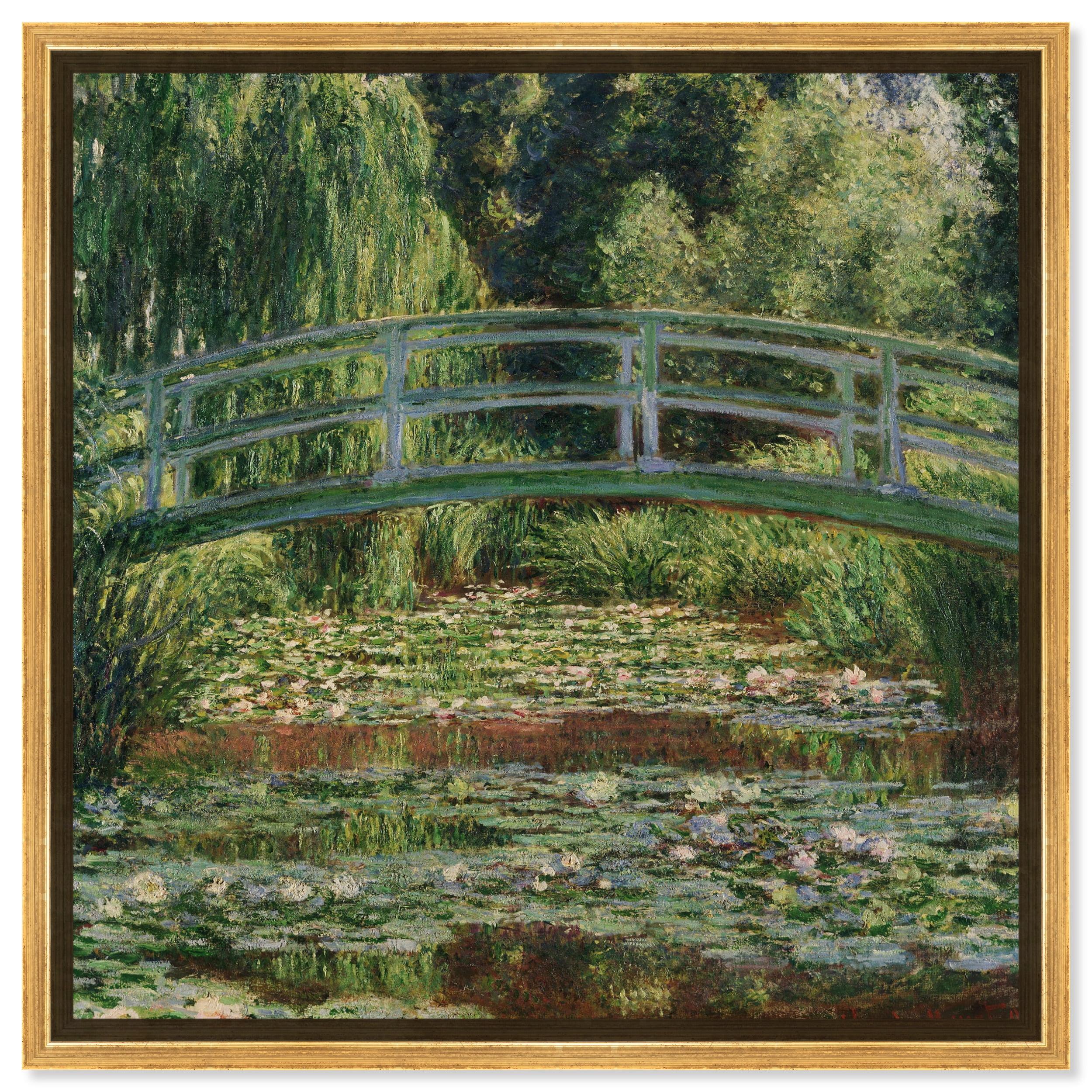 Monet - The Japanese Footbridge and the Water Lily Pool Giverny Canvas Impressionism Wall Art by Art Remedy, Gold Frame, 20" x 20"