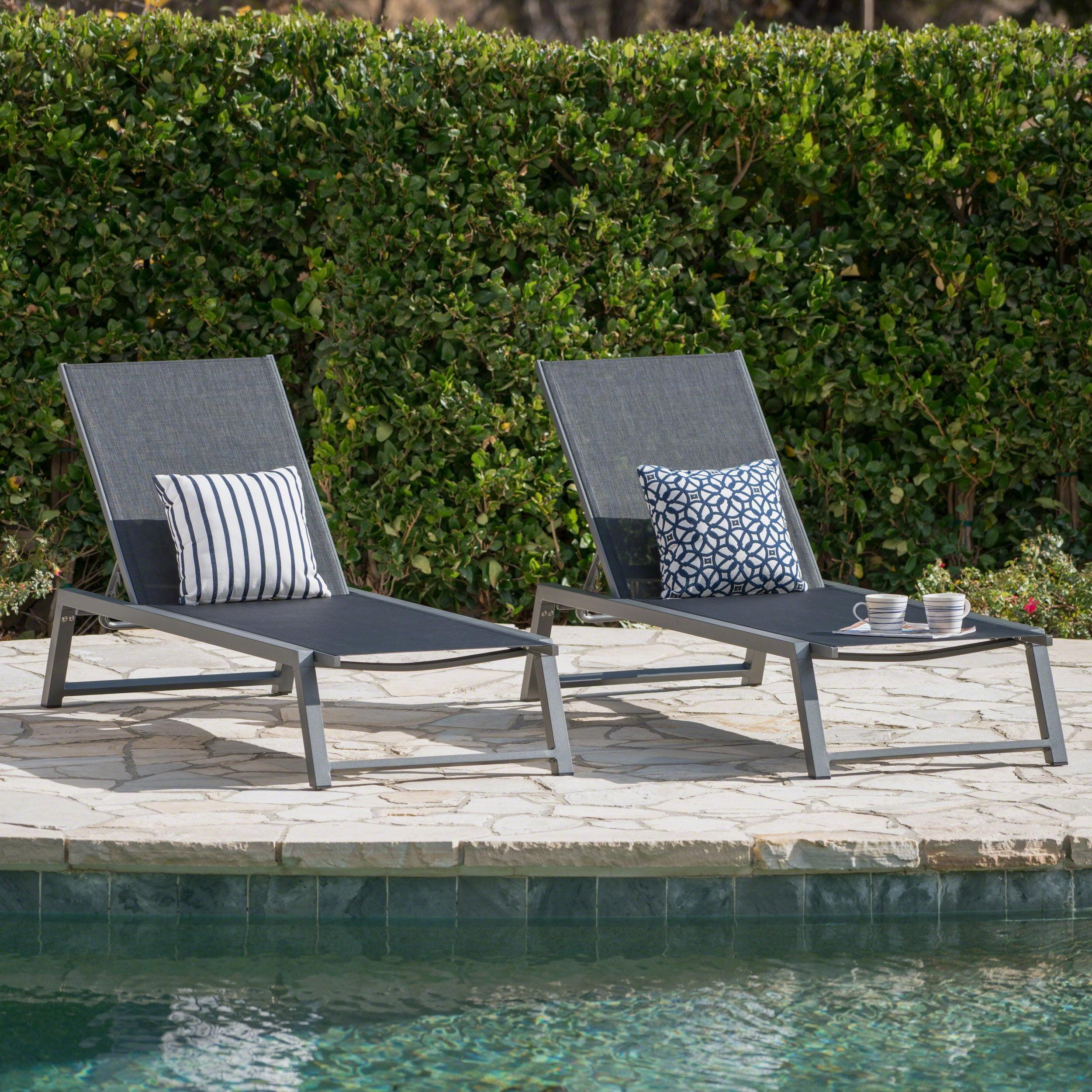 Gray Aluminum Outdoor Chaise Lounger Set with Black Mesh Cushions