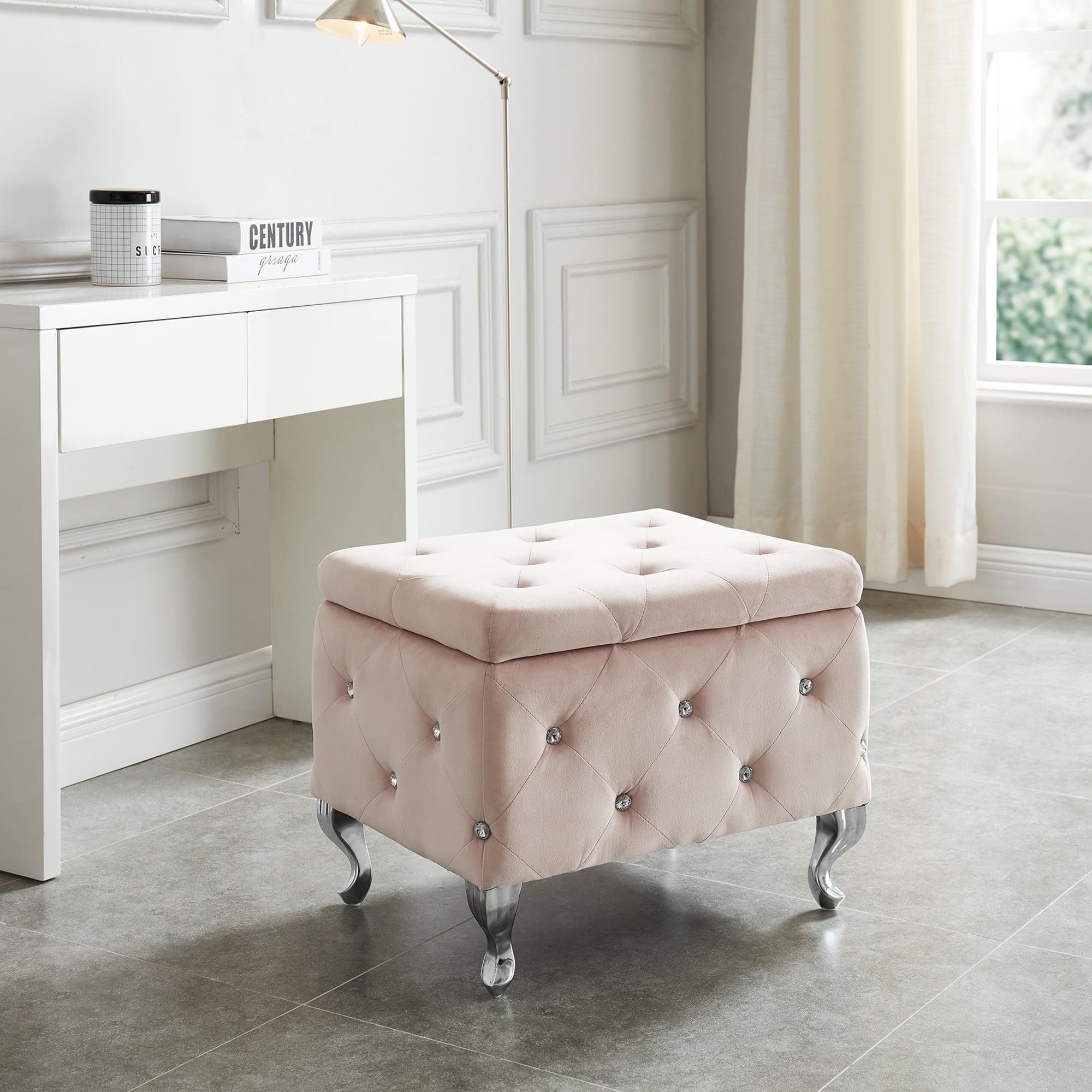 Monique Blush Pink Velvet Storage Ottoman with Crystal Tufting