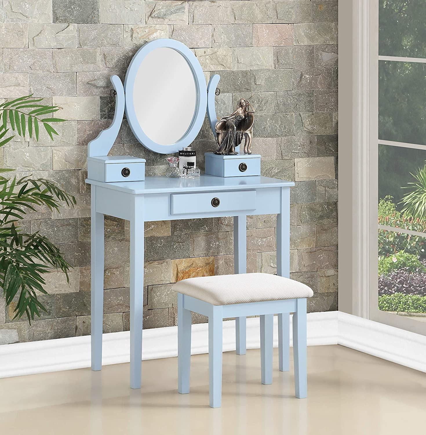 Blue Wood Makeup Vanity Table with Stool and Mirror