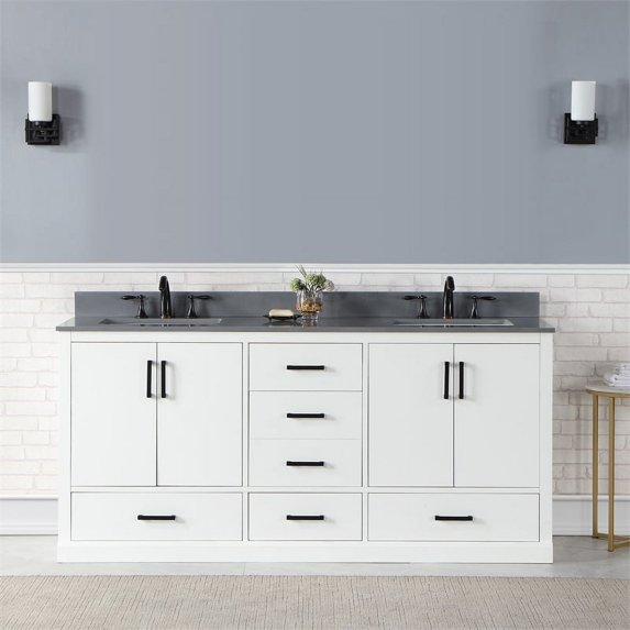 Monna 72" Double Bathroom Vanity Set in White with Concrete Grey Composite Stone Countertop without Mirror