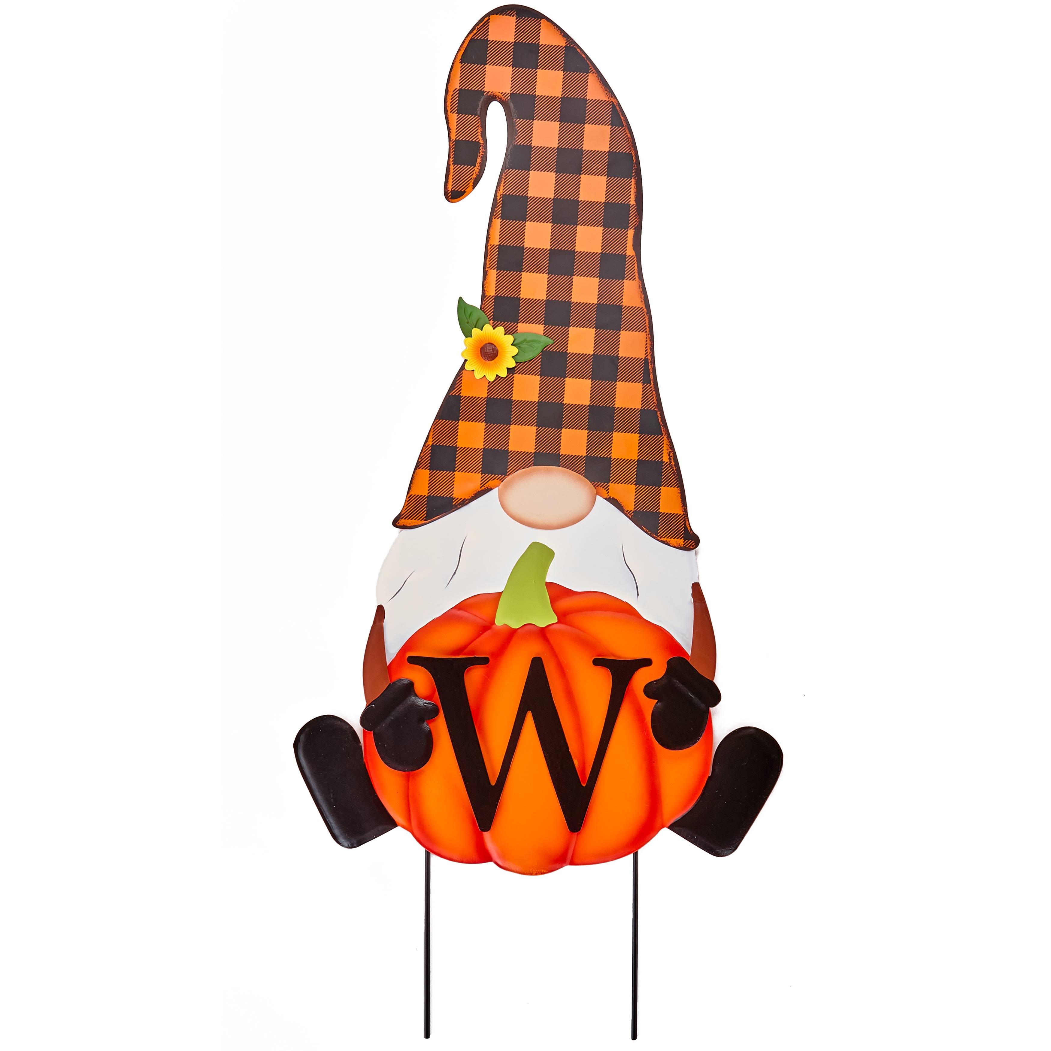 Monogram Fall Gnome Stake with Buffalo Plaid Hat