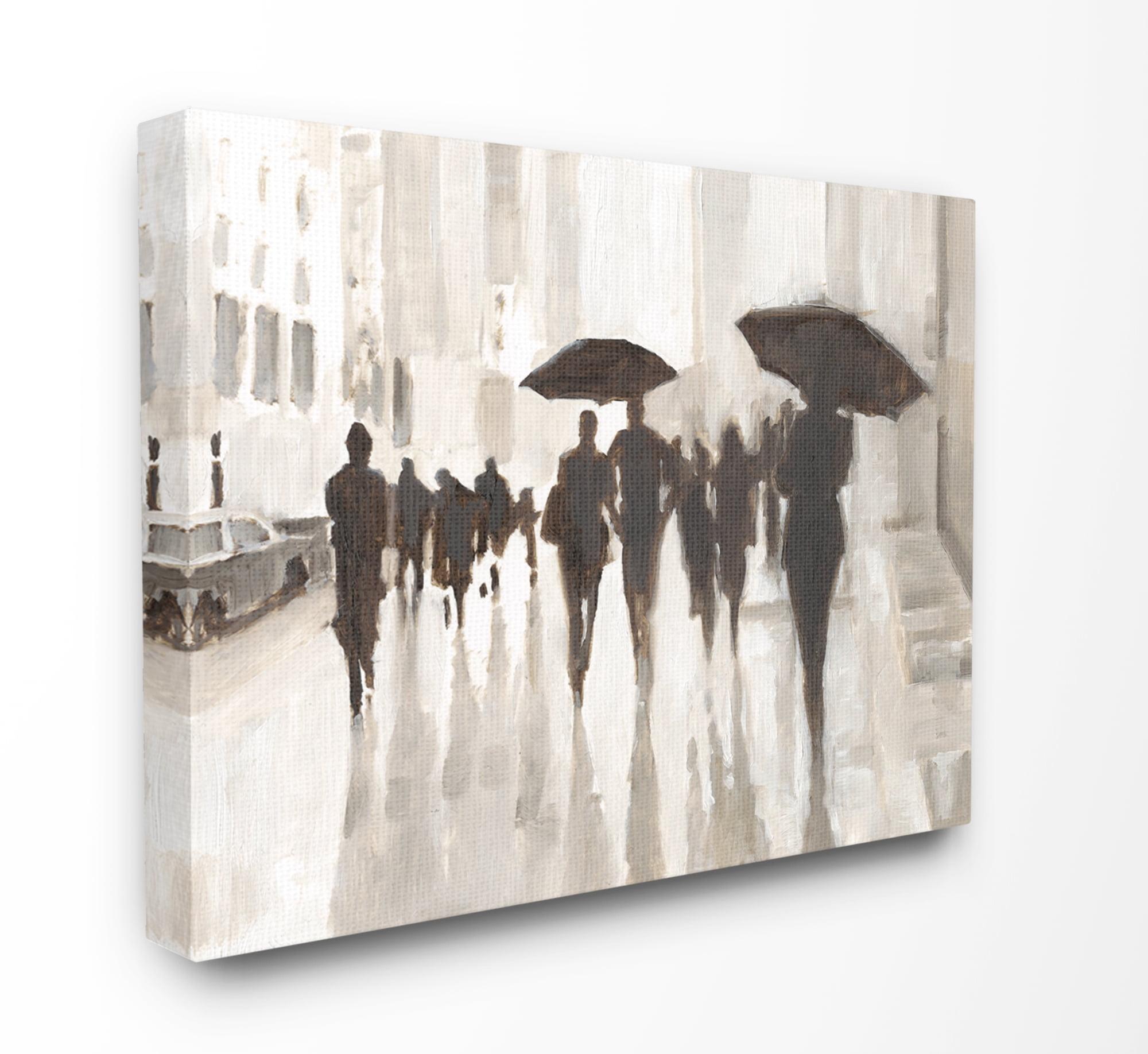 Monotone Black and White Raining City Crowd Canvas Wall Art