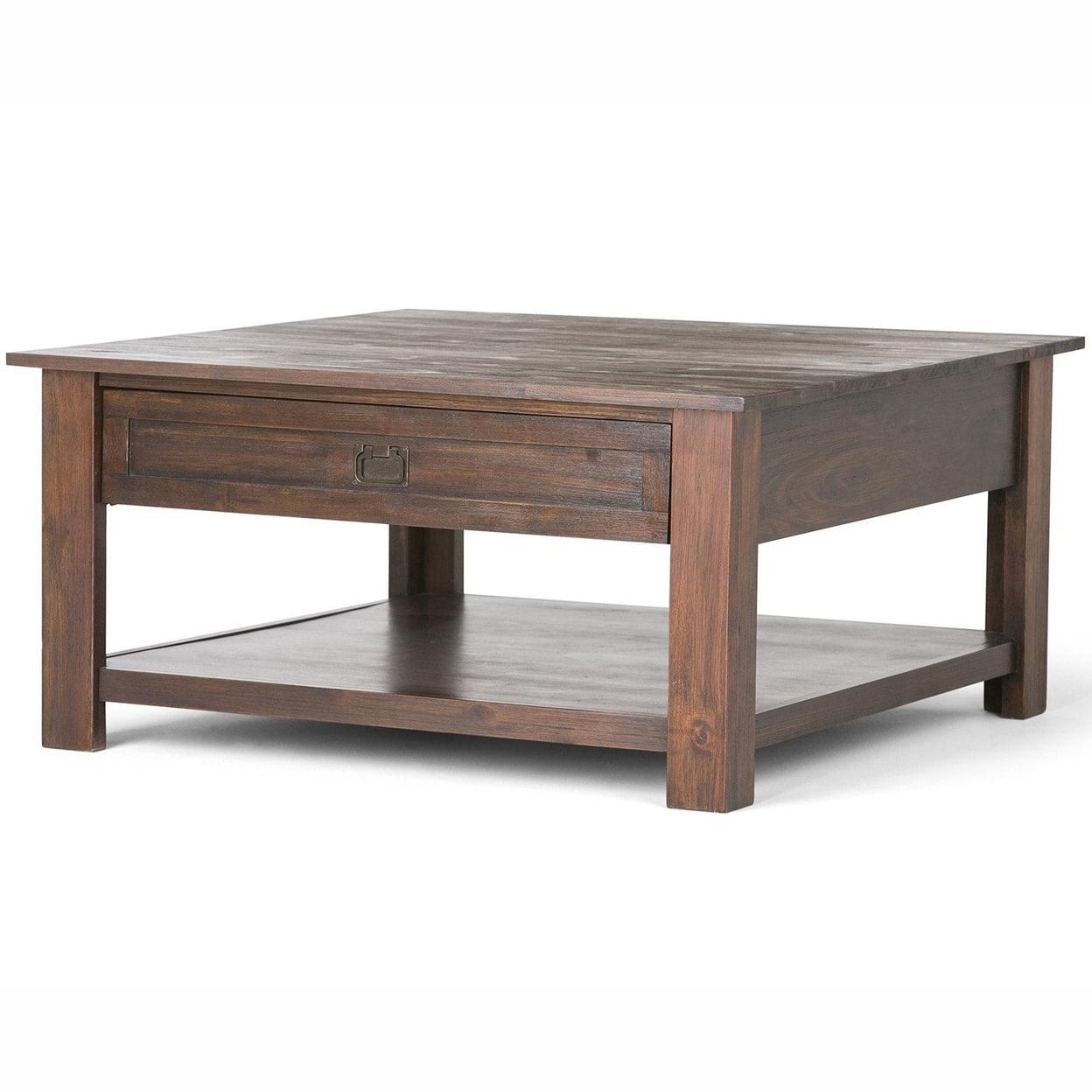 Simpli Home Monroe 38"W Solid Acacia Rustic Square Coffee Table with Large Drawer and Open Shelf