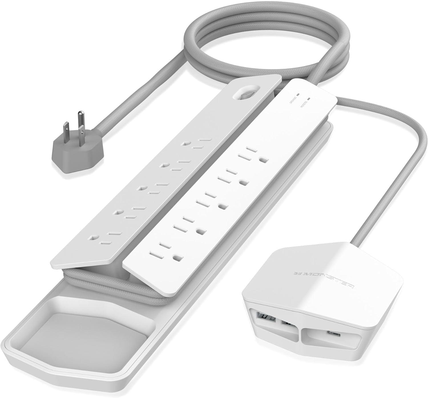 Monster Power Center Vertex XL Surge Protector with 10 AC Outlets, 3-Port USB Hub, & 6 ft Cord (White)