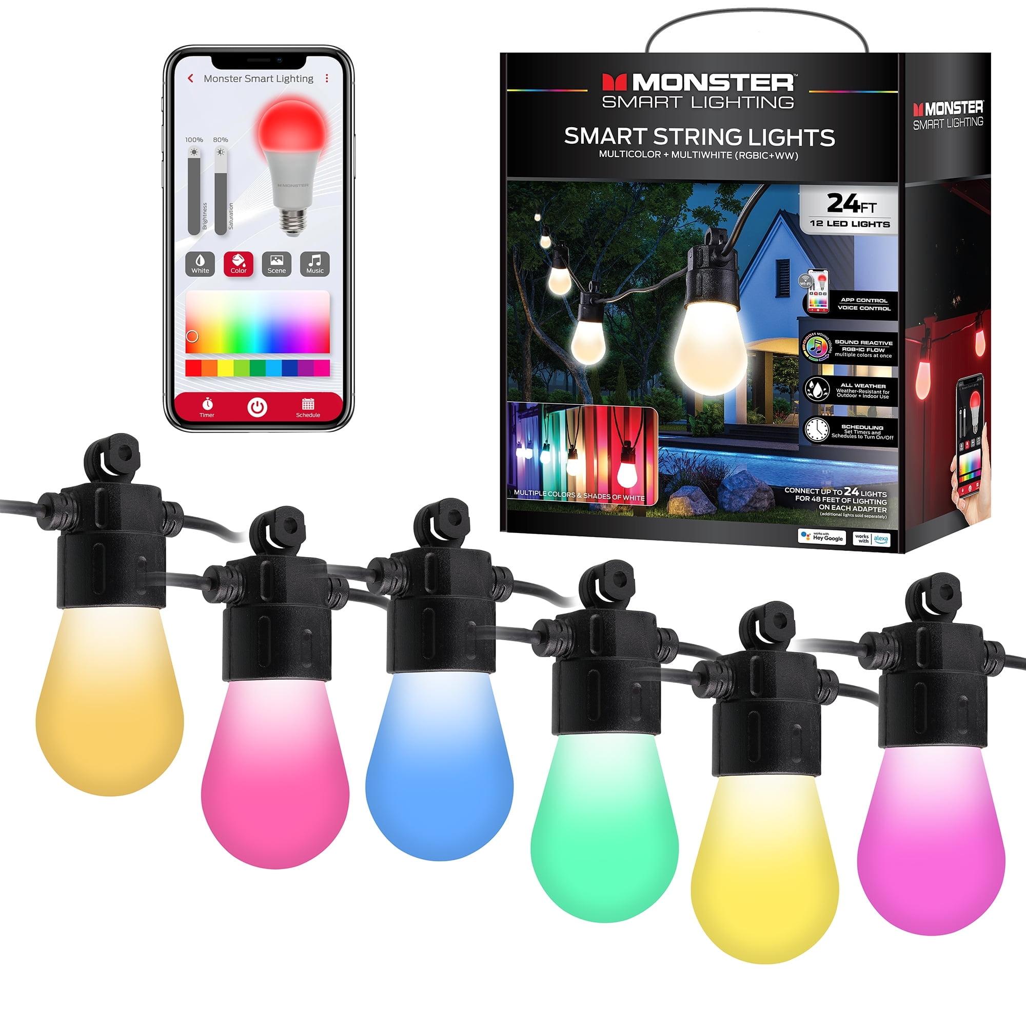 Monster Smart Weather Resistant Sound Reactive Multicolor 24 ft String Lights, 12 LED Lights, Wifi Mobile App & Voice Control, RGB + IC Flow, Corded Electric