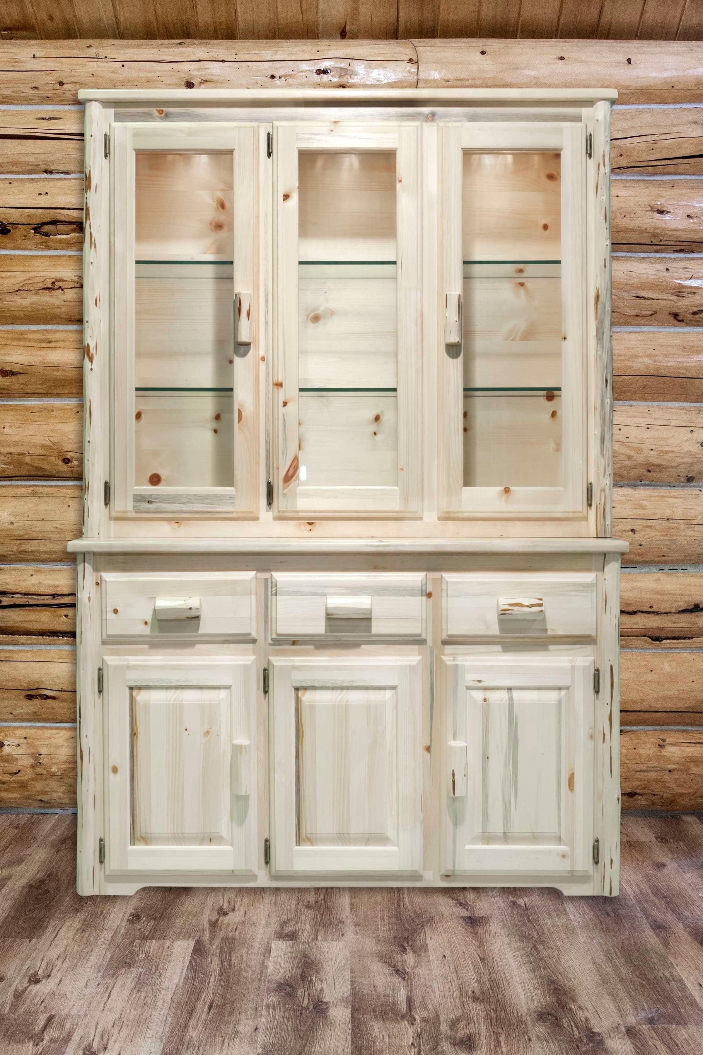 Rustic Lighted Pine Wood China Cabinet