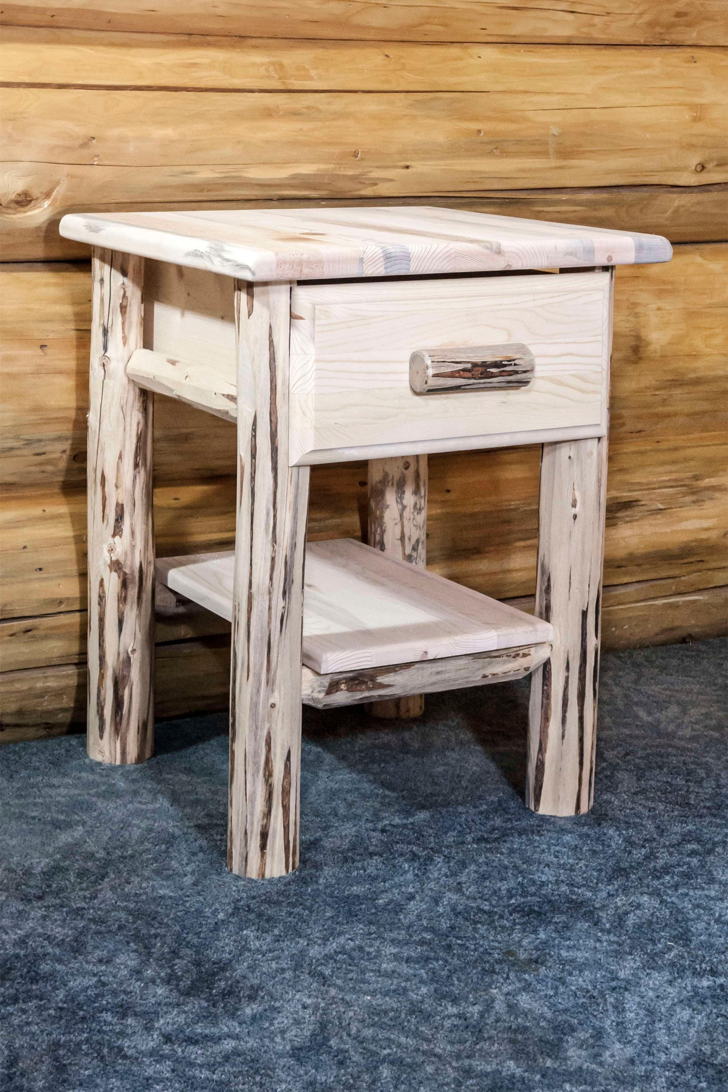 Rustic Lodge Pole Pine Nightstand with Easy-Glide Drawer, Natural Finish