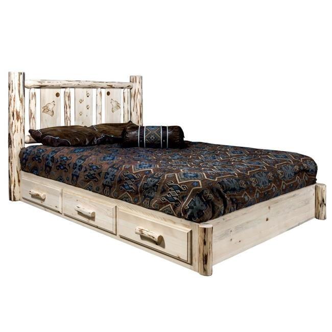 Montana Platform Bed with Storage, Twin with Laser Engraved Wolf Design