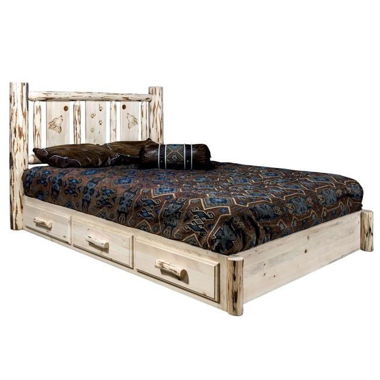 Montana Platform Bed with Storage, Twin with Laser Engraved Wolf Design