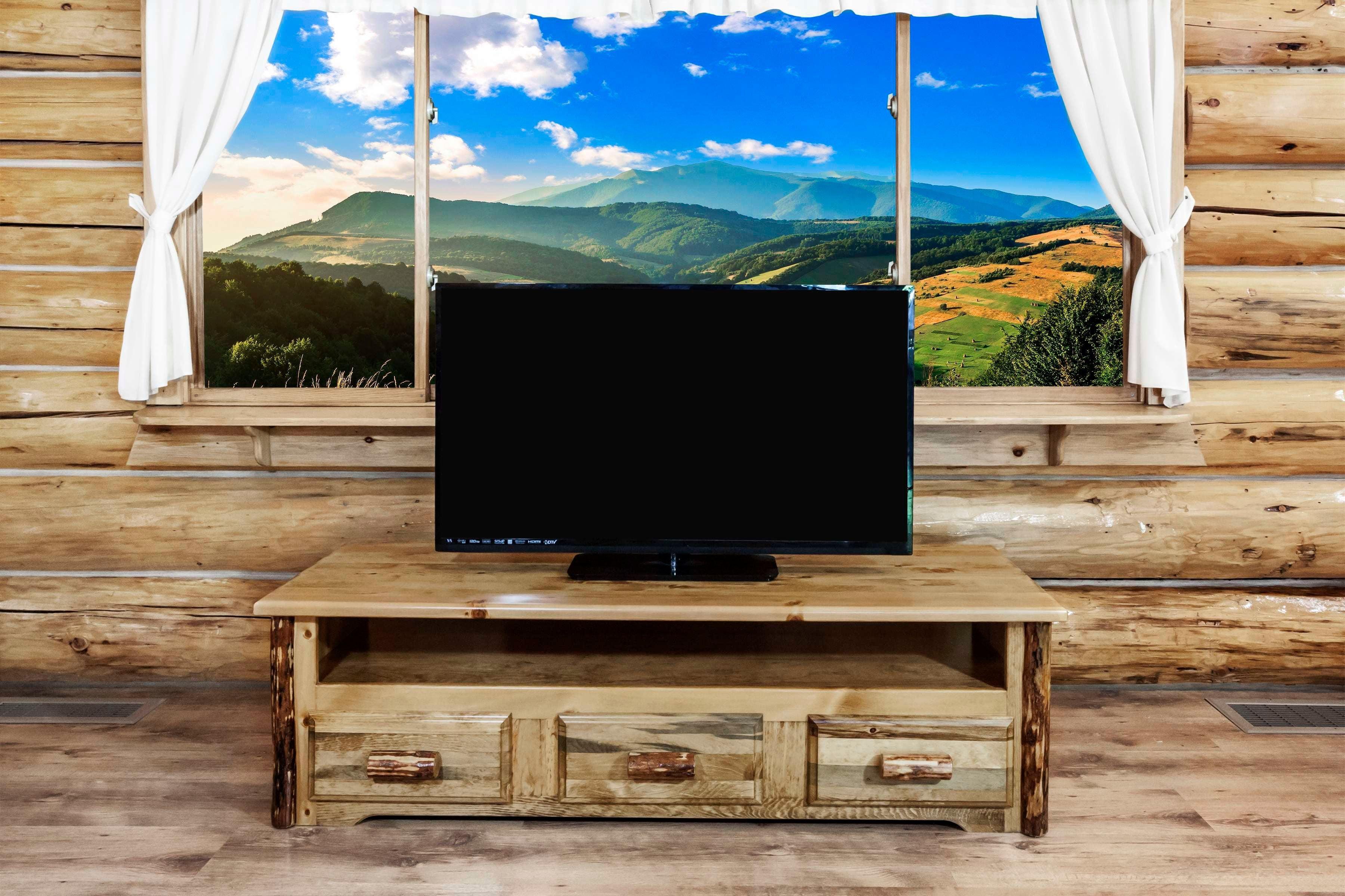 Puritan Pine Rustic Solid Wood Media Console with 3 Drawers