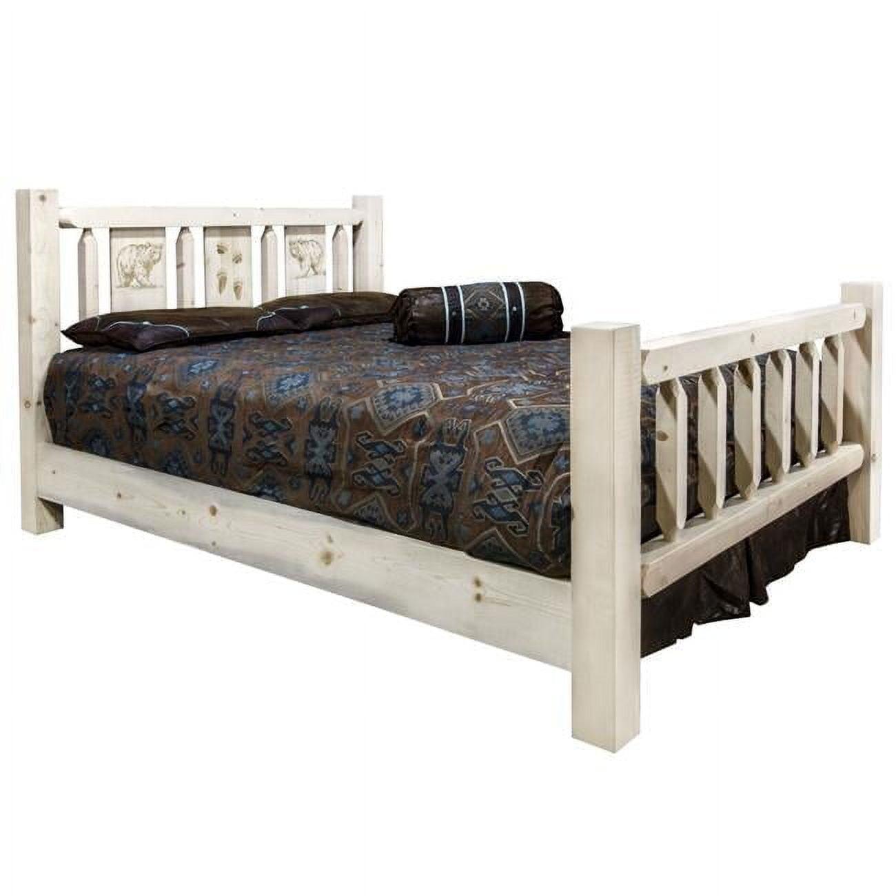 Natural Lodge Pole Pine Full Bed with Engraved Bear Motif