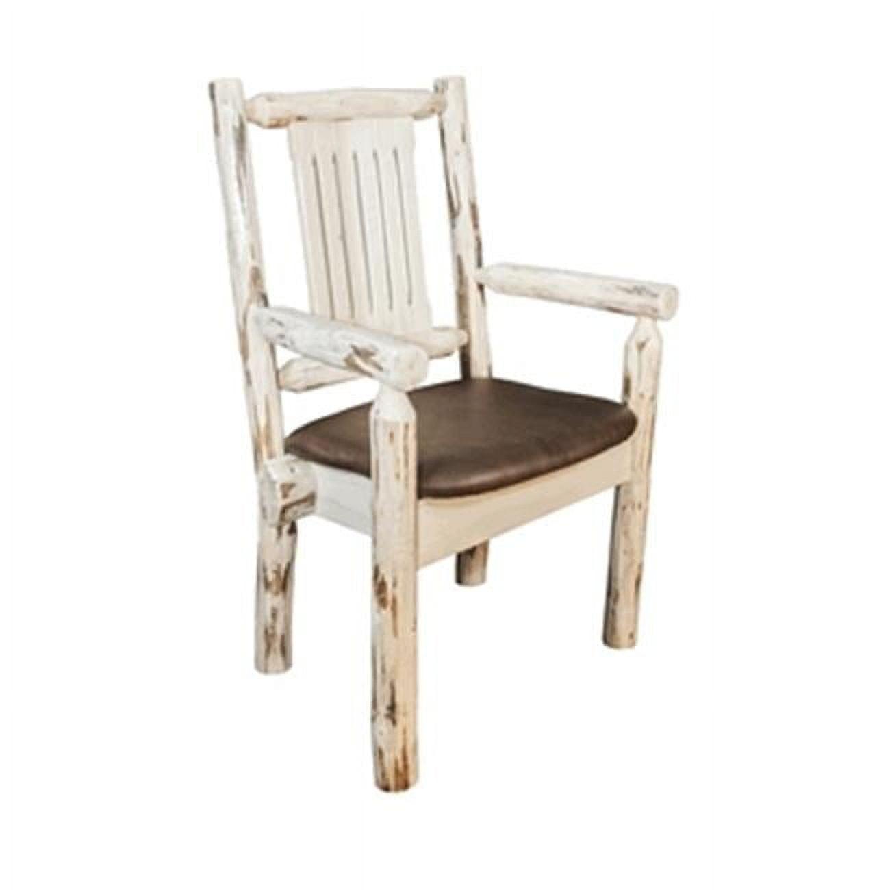 Rustic Pine Wood Captain's Chair with Faux Leather Saddle Seat