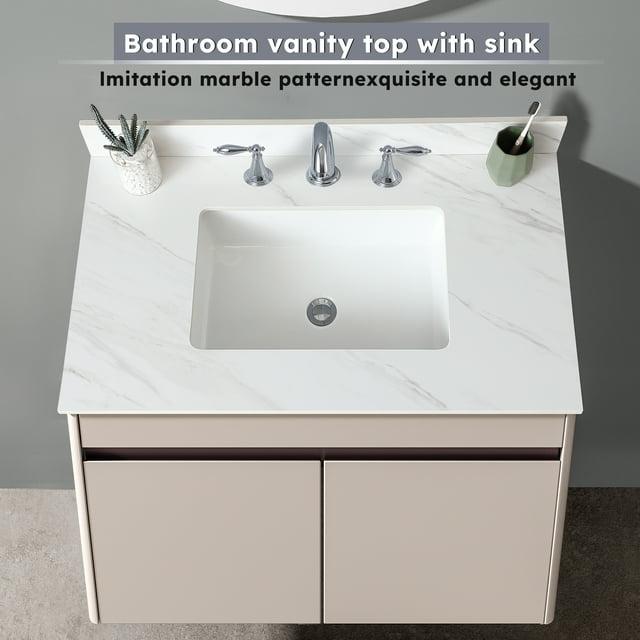 Montary 37 Inch Marble Vanity Top, White Vanity Top with Pre-drilled Faucet Holes, Bathroom Vanity Top with Undermount Rectangular Middle Sink and 4" Height Backsplash, Bianco Carrara Venato