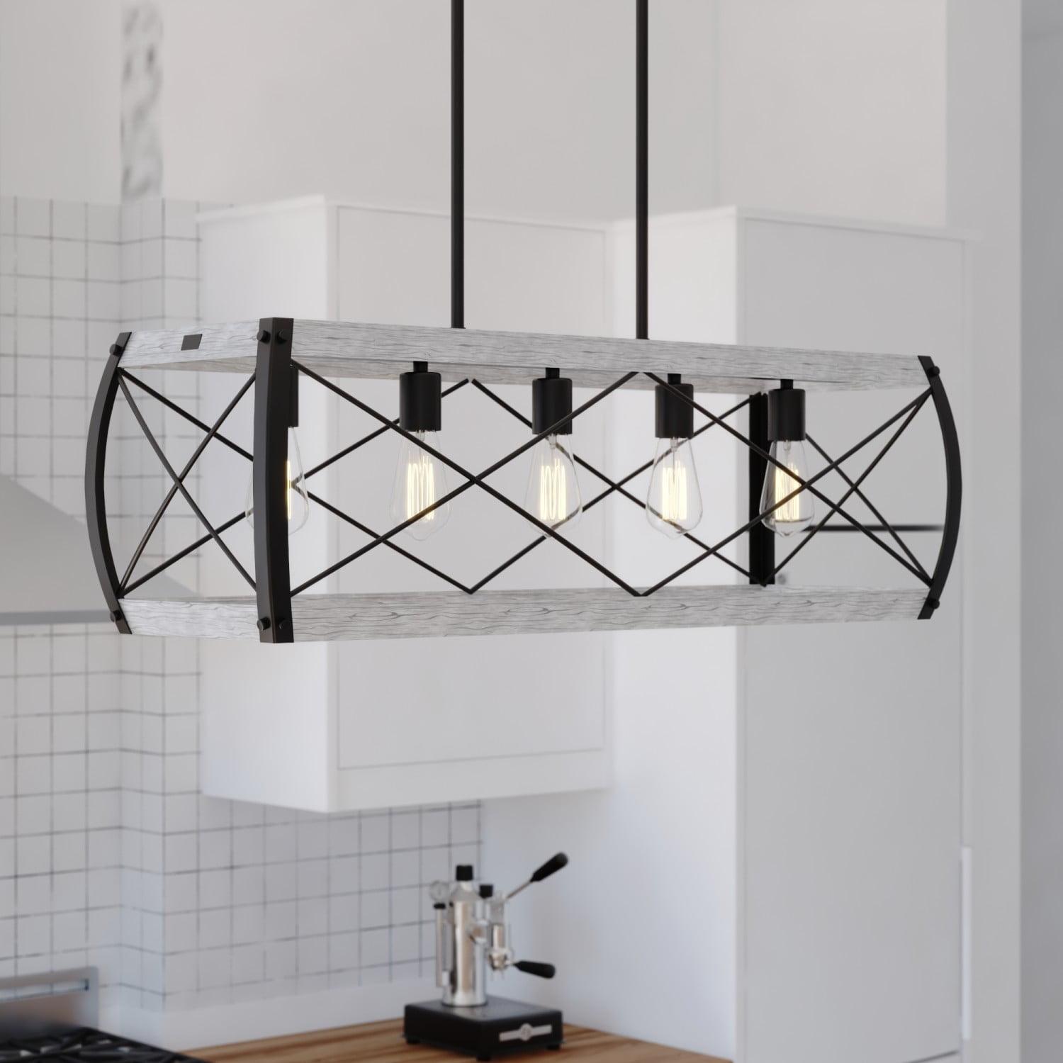 VAXCEL Montclare 5L Black and White Ash Wood Farmhouse Cage Linear Chandelier Island Pendant Light Fixture