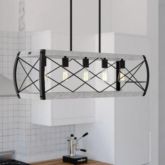 VAXCEL Montclare 5L Black and White Ash Wood Farmhouse Cage Linear Chandelier Island Pendant Light Fixture