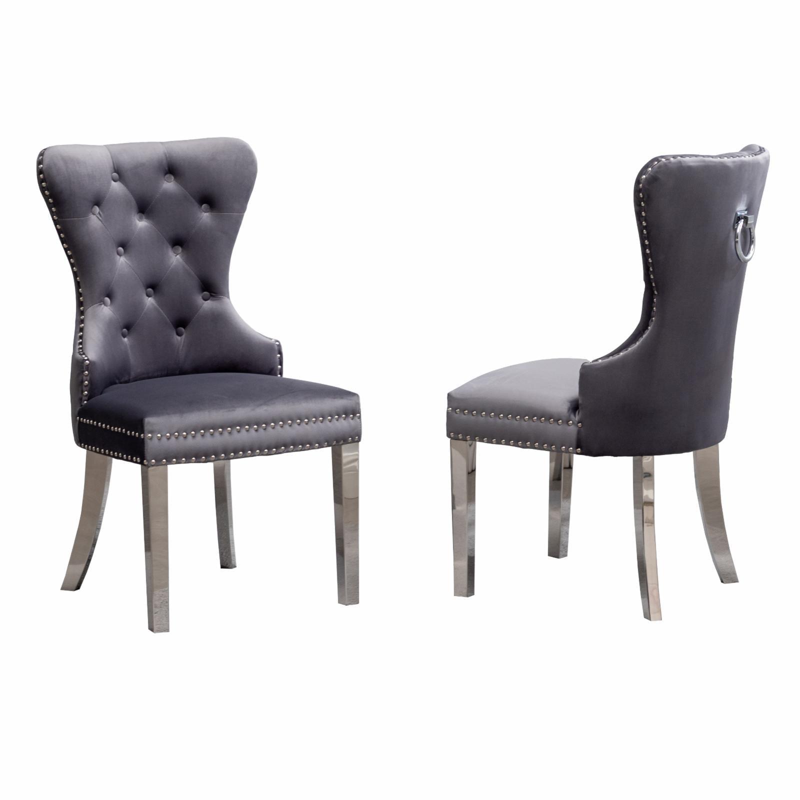 Contemporary Tufted Gray Velvet Chair with Nailhead Trim and Stainless Steel Legs, Set of 2