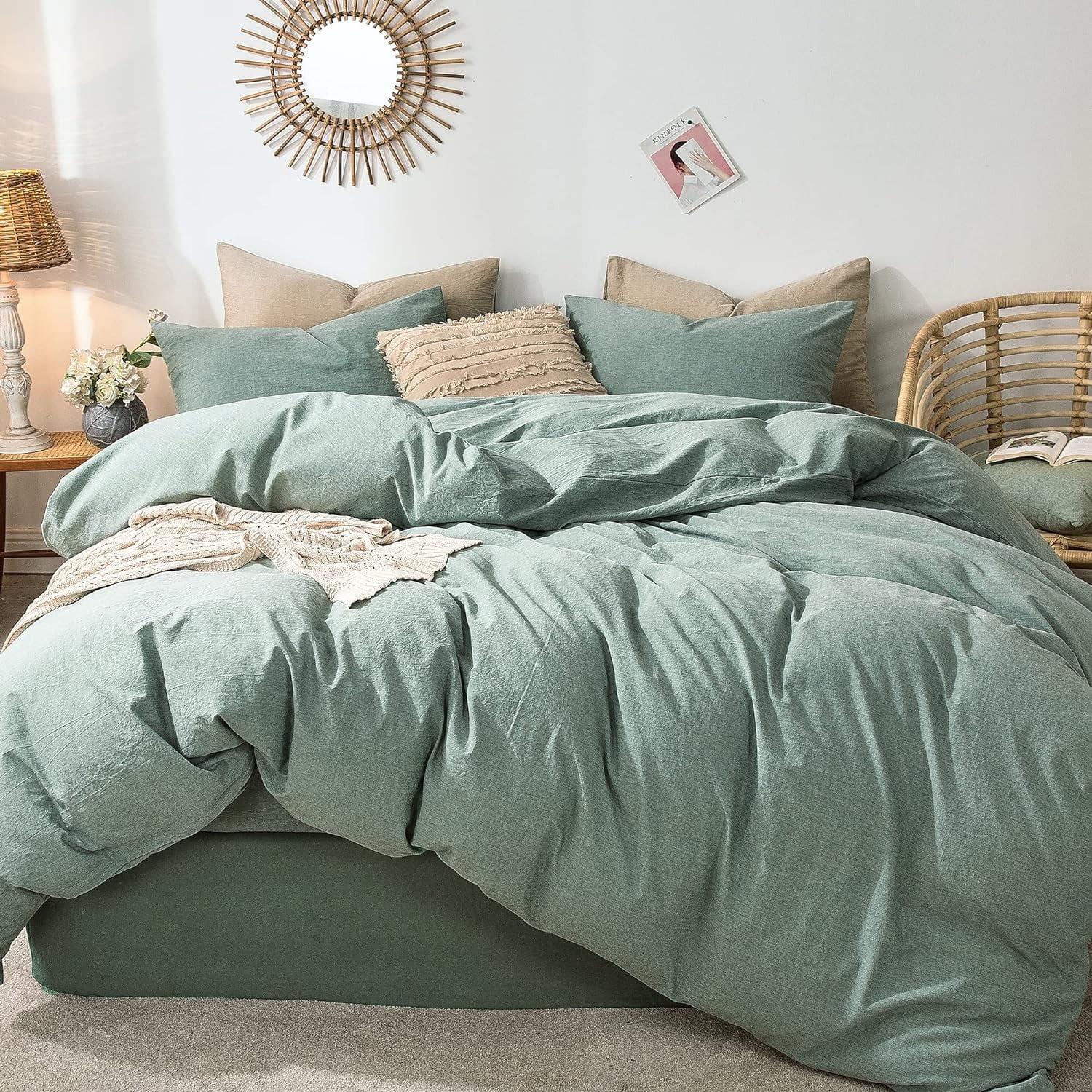 MOOMEE 100% Washed Cotton Linen Like Textured Duvet Cover Set