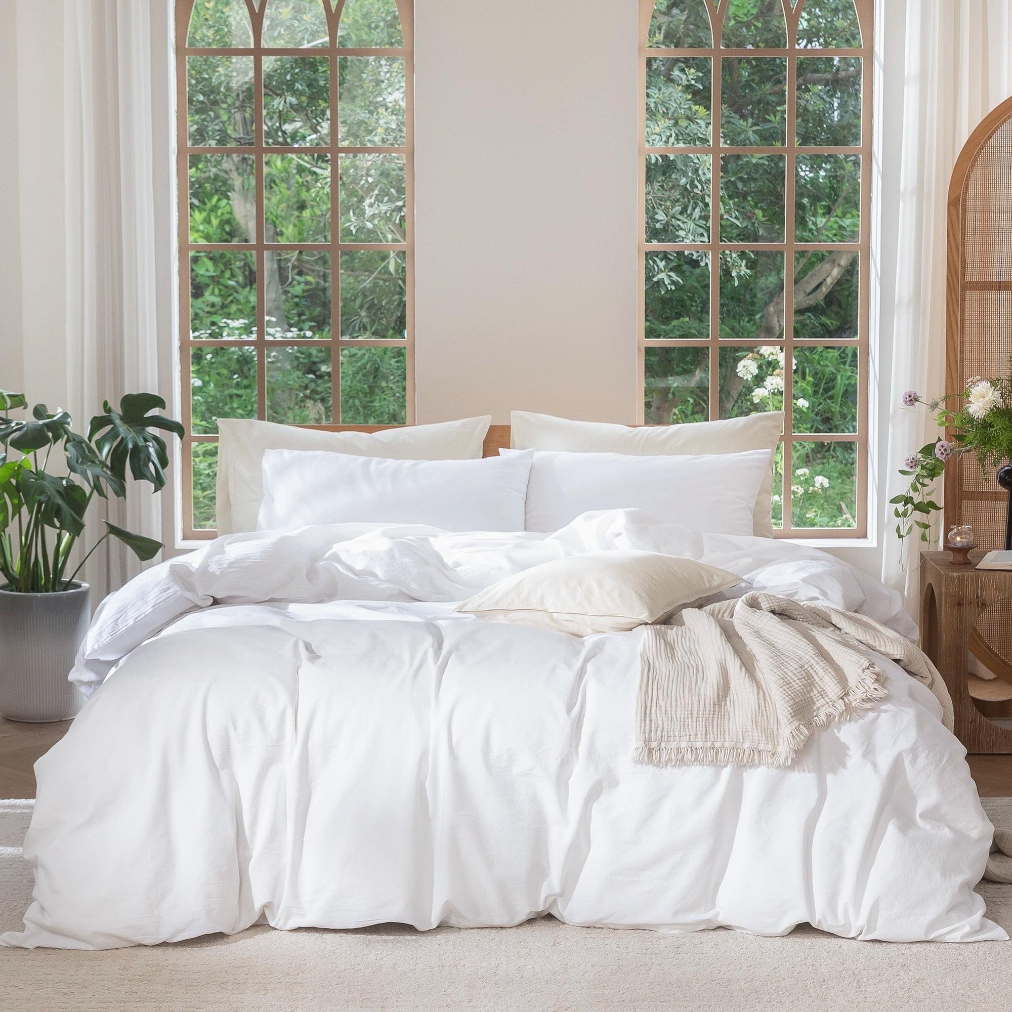 MOOMEE Linen Like Textured 100% Washed Cotton Twill Duvet Cover Set Ultra Soft