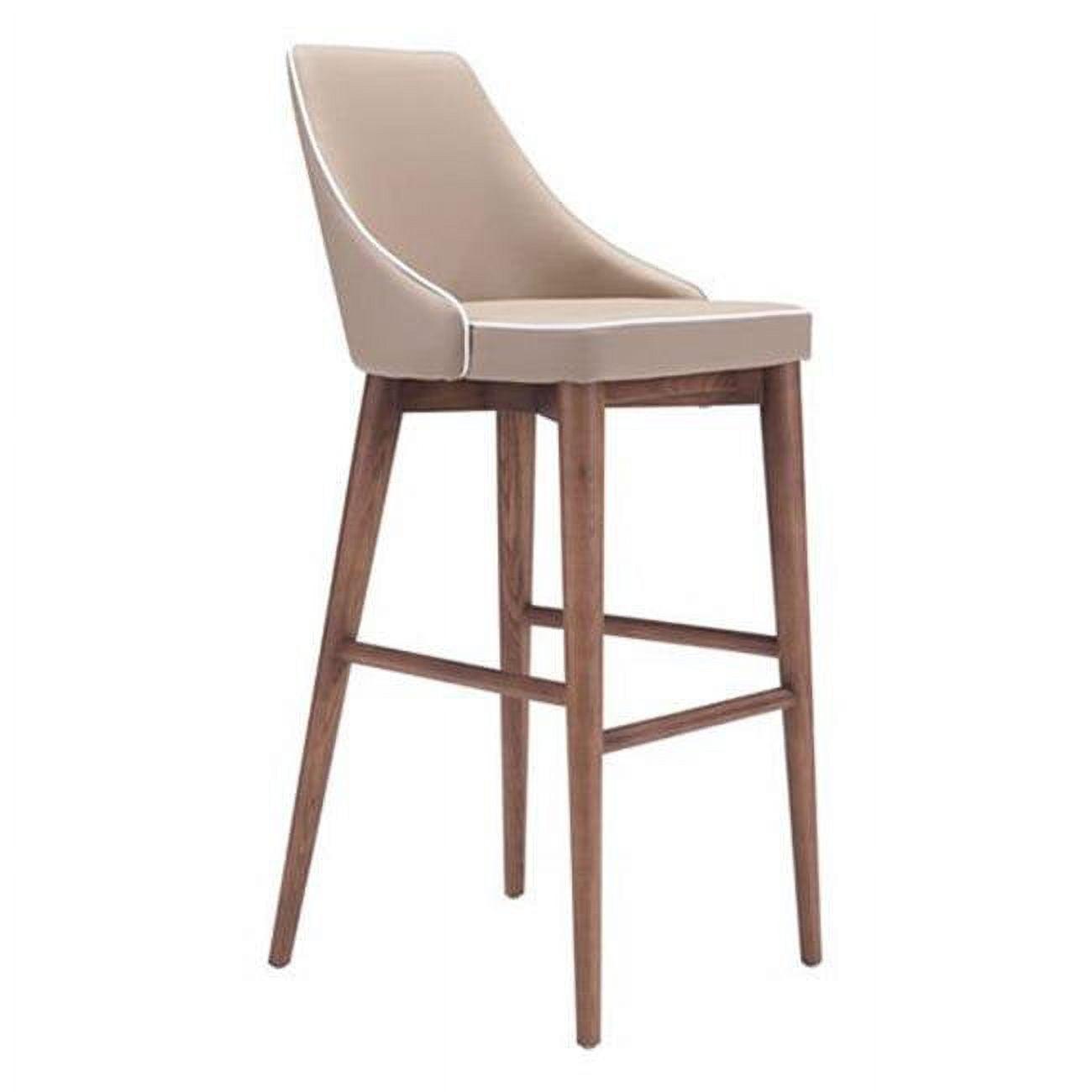 Beige Leatherette and Walnut Wood Mid Century Modern Bar Stool