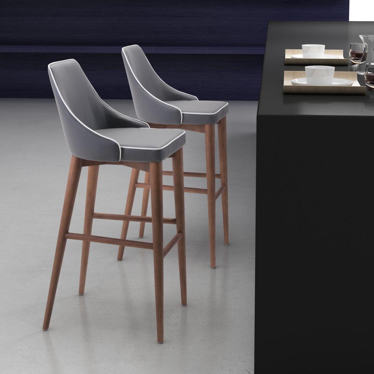 Moor Dark Gray Leather & Wood Modern Bar Chair