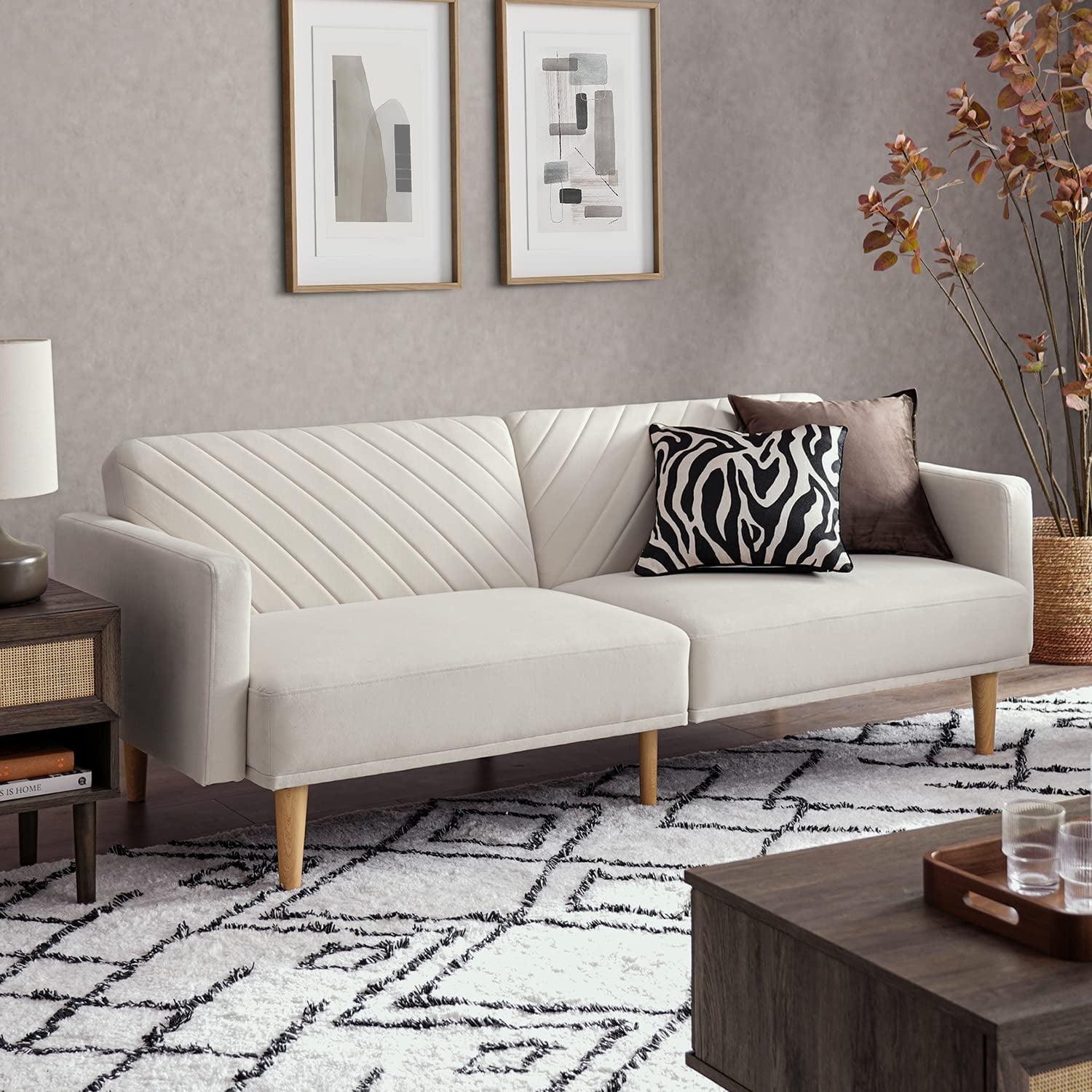 Snow Velvet Chevron Tufted Split Back Futon Sofa