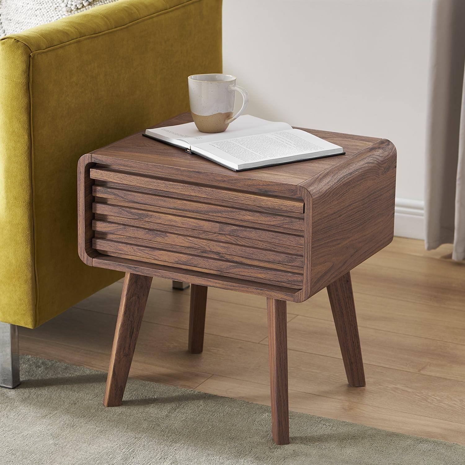 Walnut Grain Mid Century Modern Nightstand with Slatted Drawer